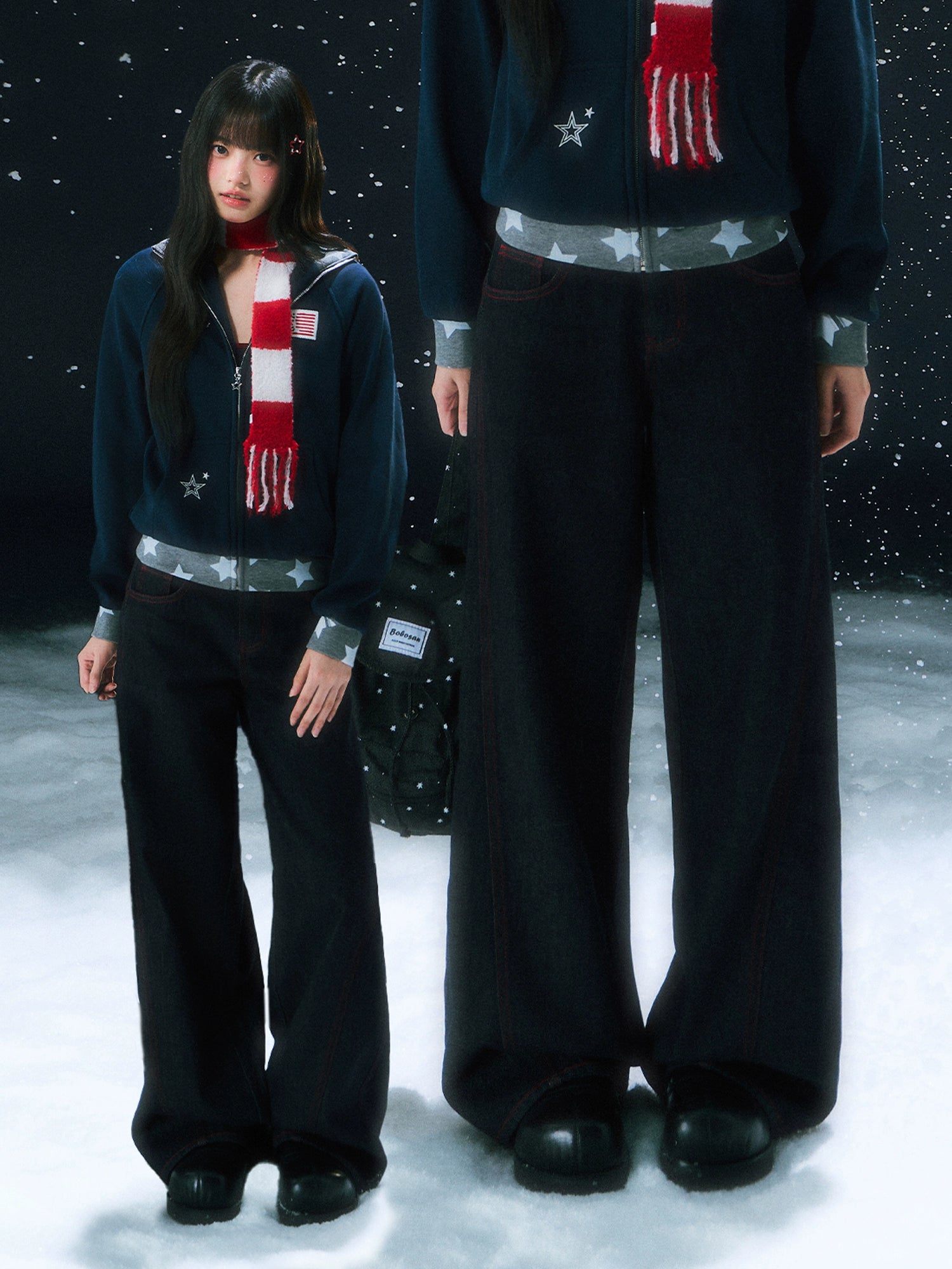 Contrast Stitch Embroidery Wide Pants