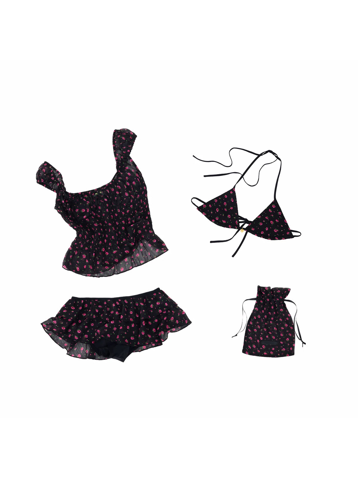Black Floral U-Neck Bikini Set