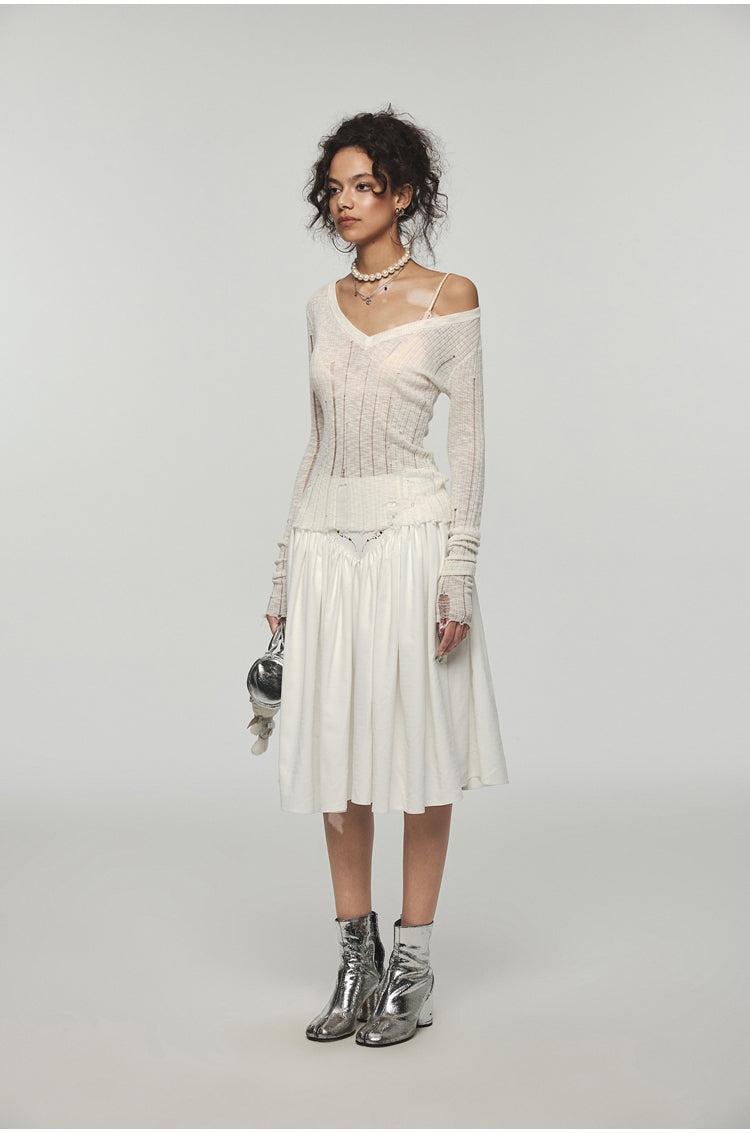 Hollow Out Waist-Cinched Knitted Blouse