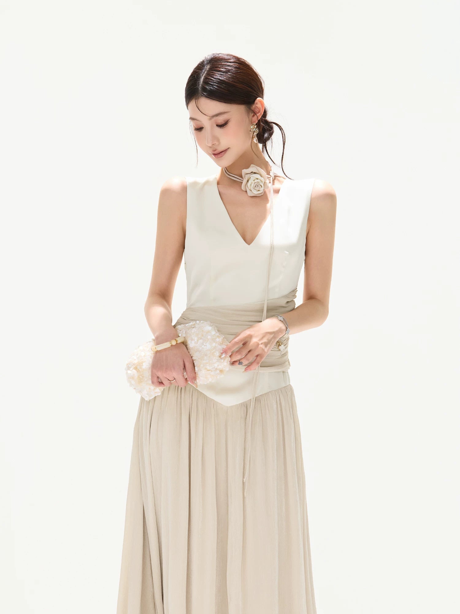 Contrast Pleated Satin Maxi Dress