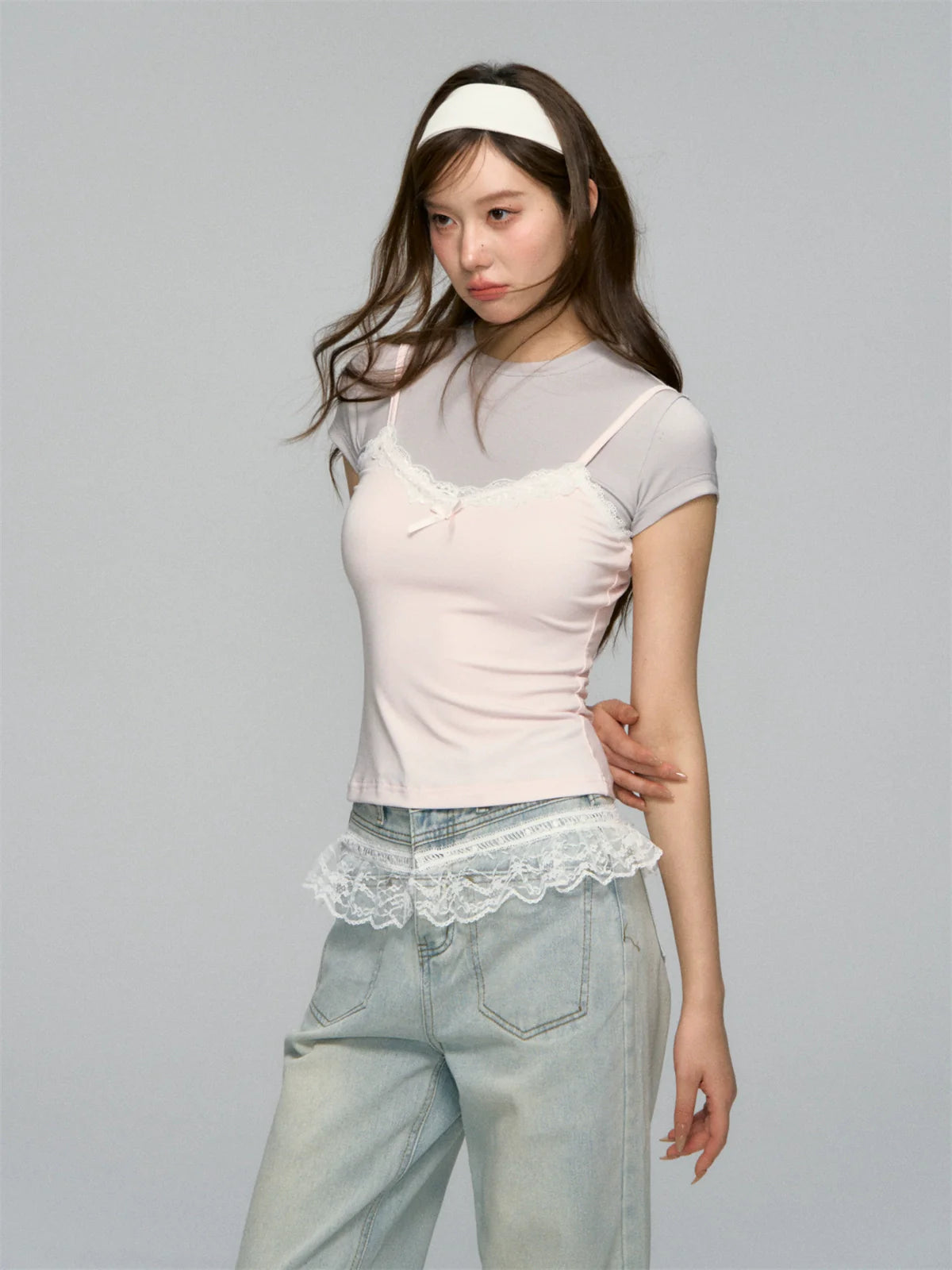 Fake Two Piece Lace Bow Short-Sleeve T-shirt