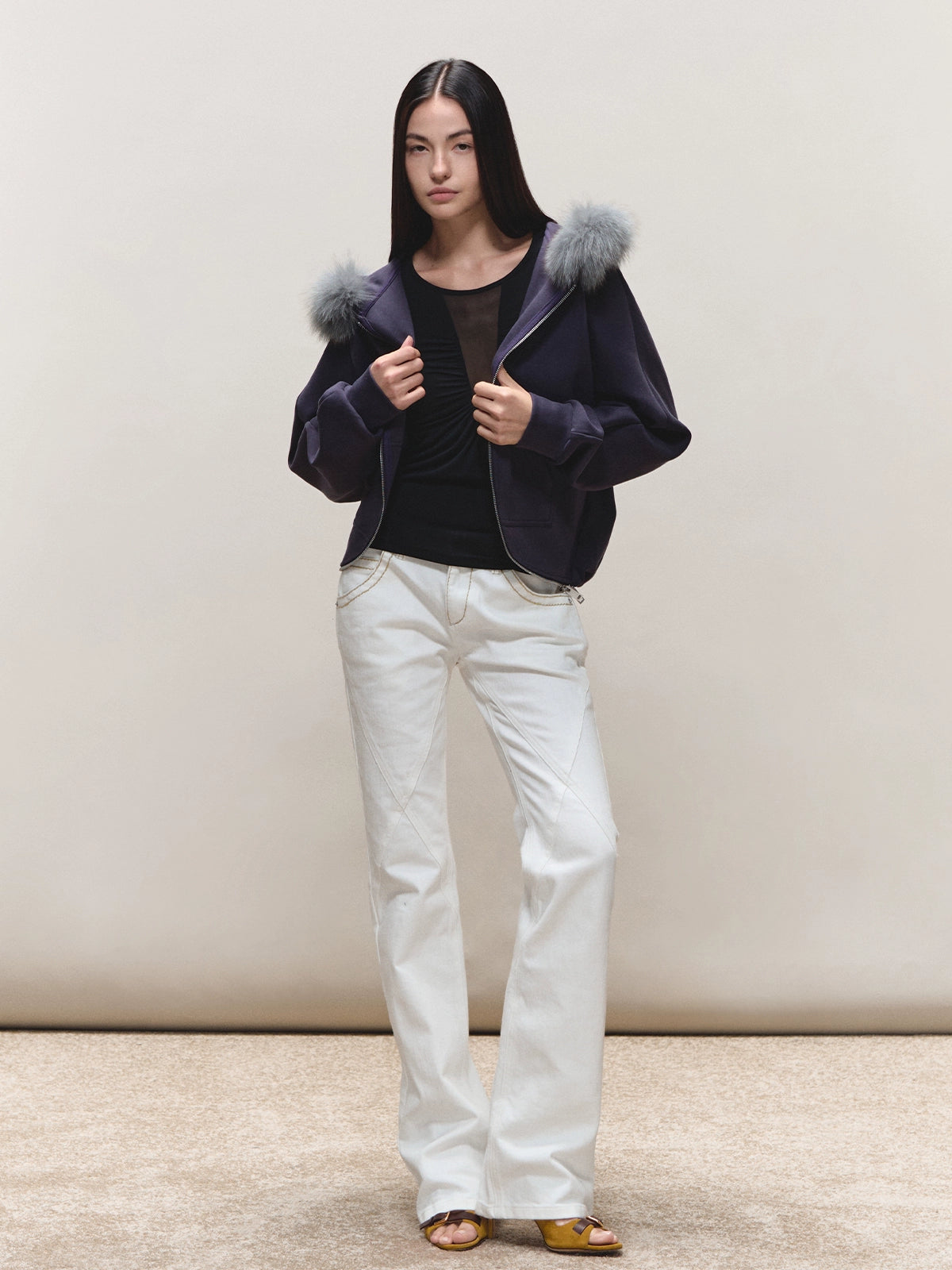 Batwing Hooded Fur-Collar Jacket