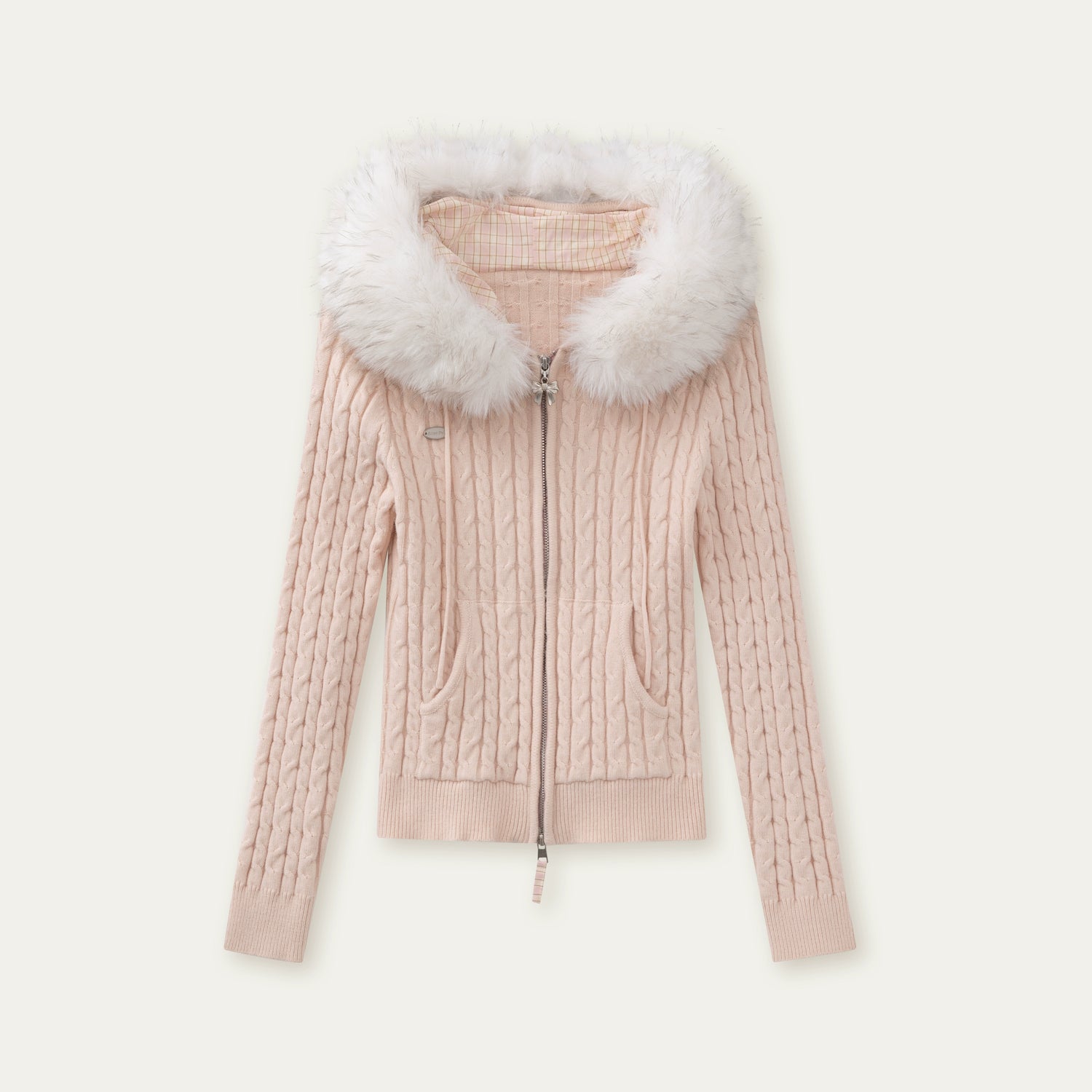 Detachable Fur Collar Blush Zip-up Knit Cardigan