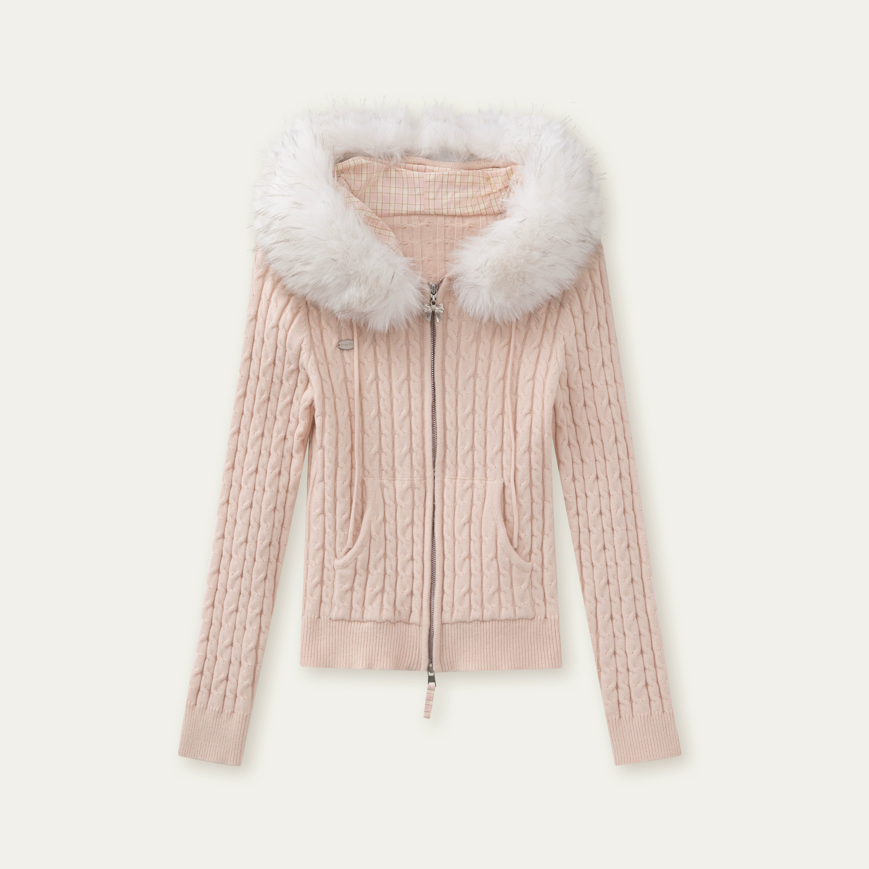 Detachable Fur Collar Blush Zip-up Knit Cardigan