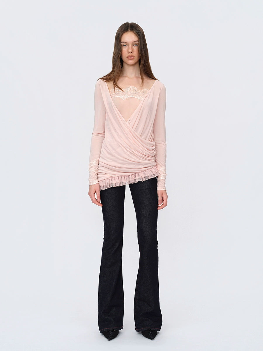 Pink Paneled Ruched Mock-Two-Piece Blouse