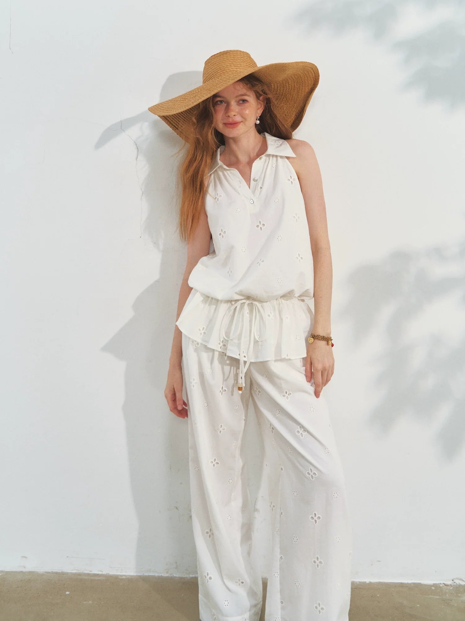 High-Waisted Drawstring Straight Wide-Leg Pants