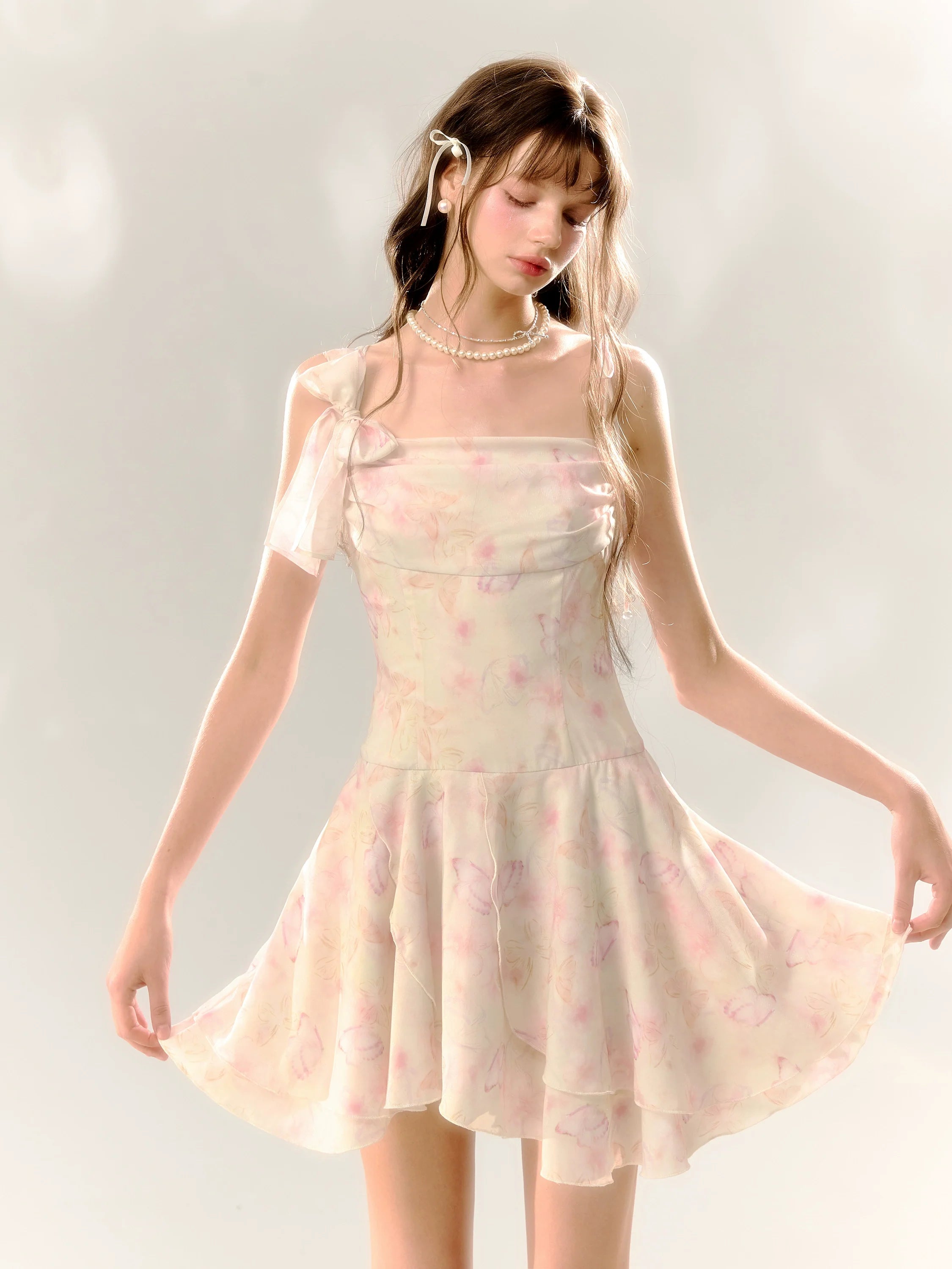 White Butterfly Print Cinched Waist Dress