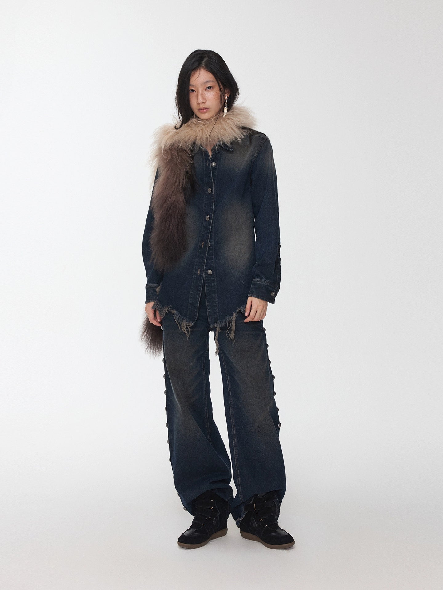 Mud-Dyed Washed Studded Straight-Leg Jeans