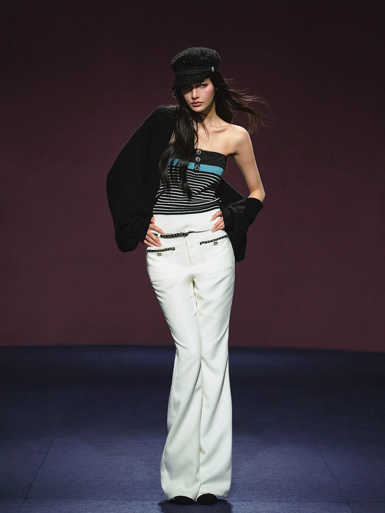 Colorblock Bustier Top & Relaxed Wool-Blend Knit Cardigan Set