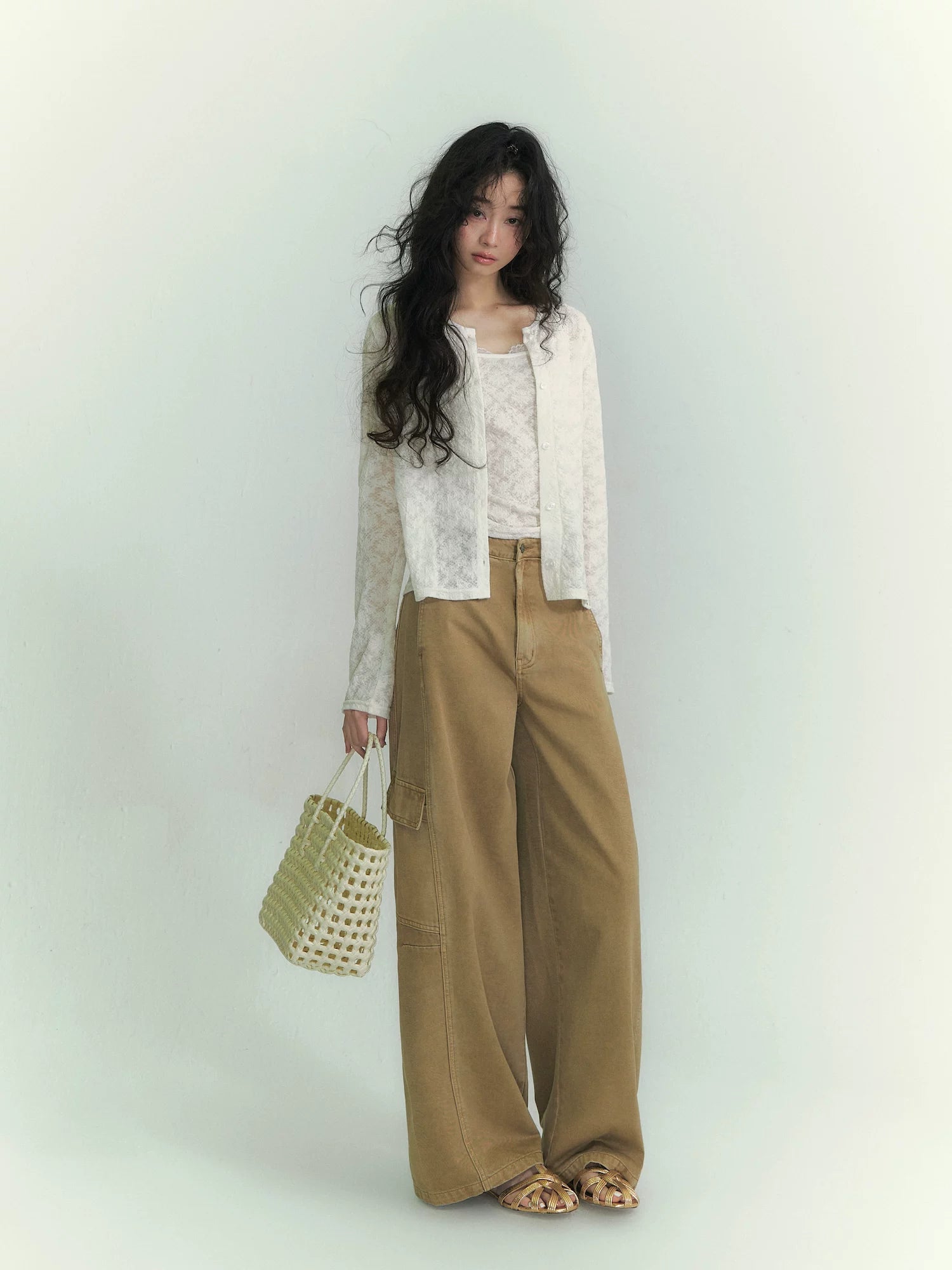 Lace Trim Stripe Cardigan Set