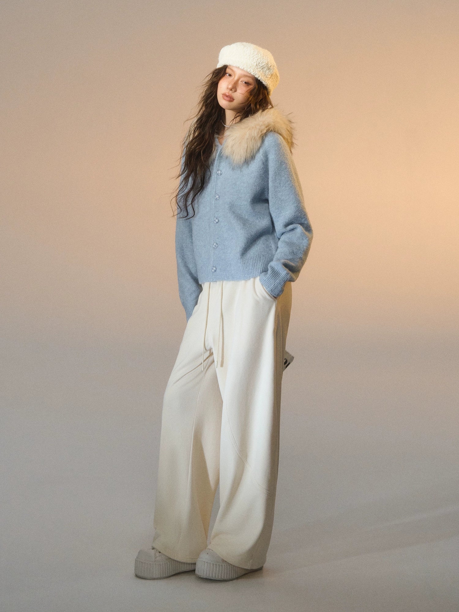 Detachable Fur Collar Fleece Hooded Cardigan
