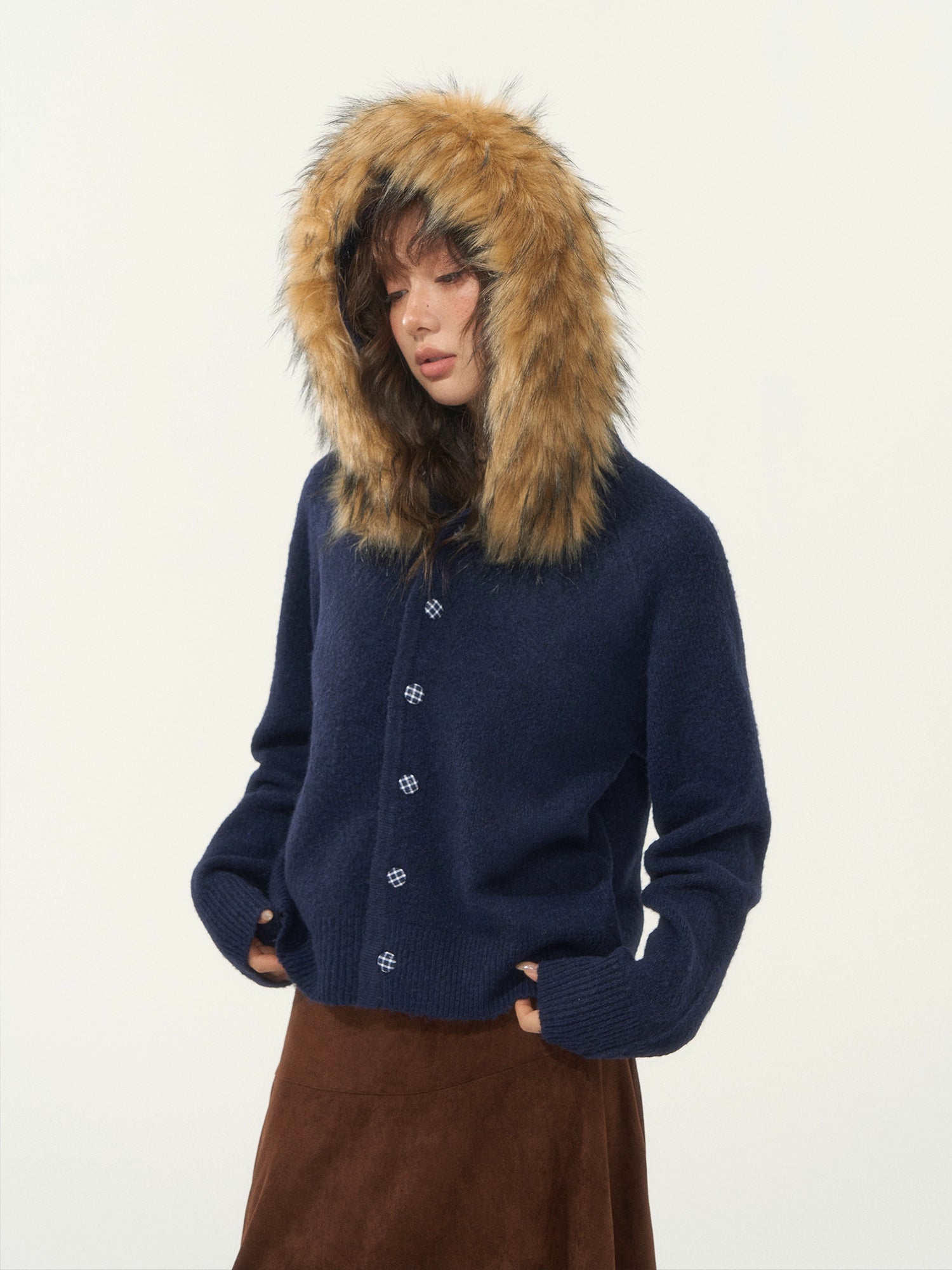 Detachable Fur Collar Fleece Hooded Cardigan