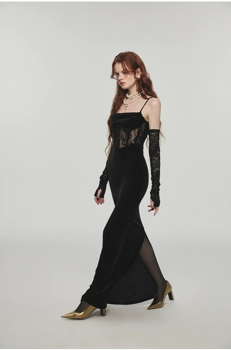 Mermaid Strap Long Velvet Bodycon Dress