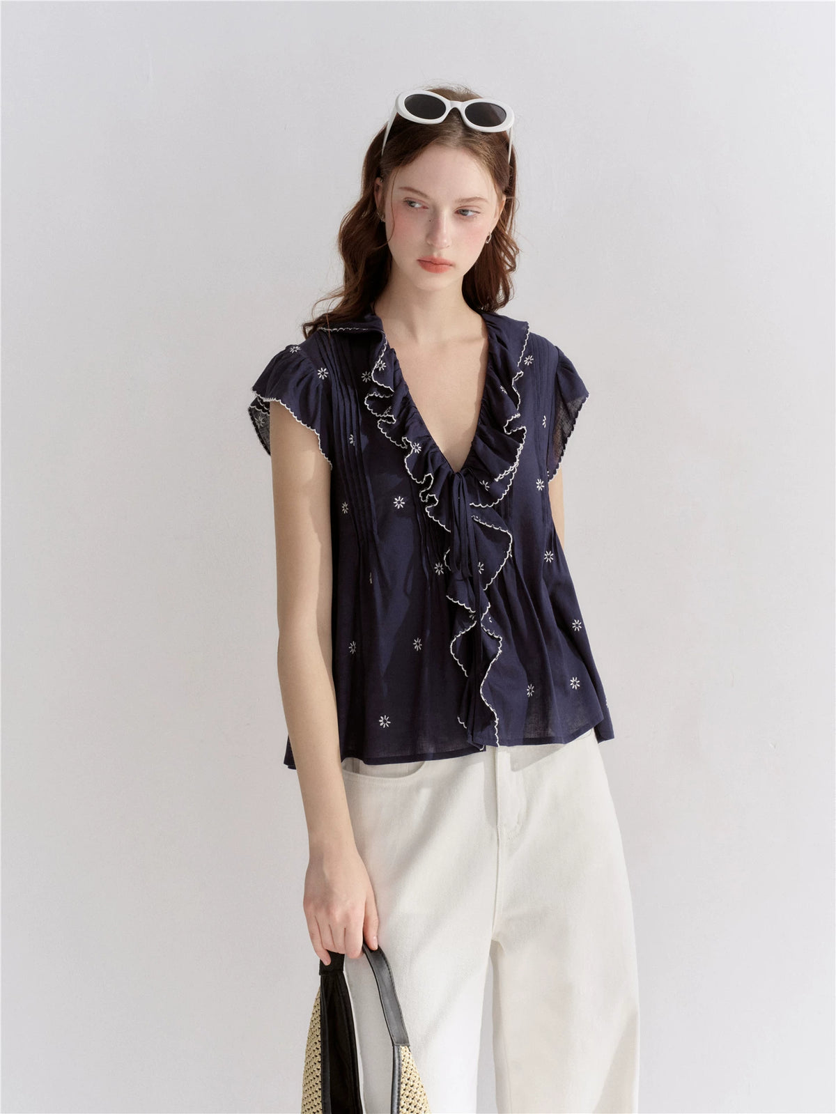 Lace Trim Ruffle V-Neck Blouse