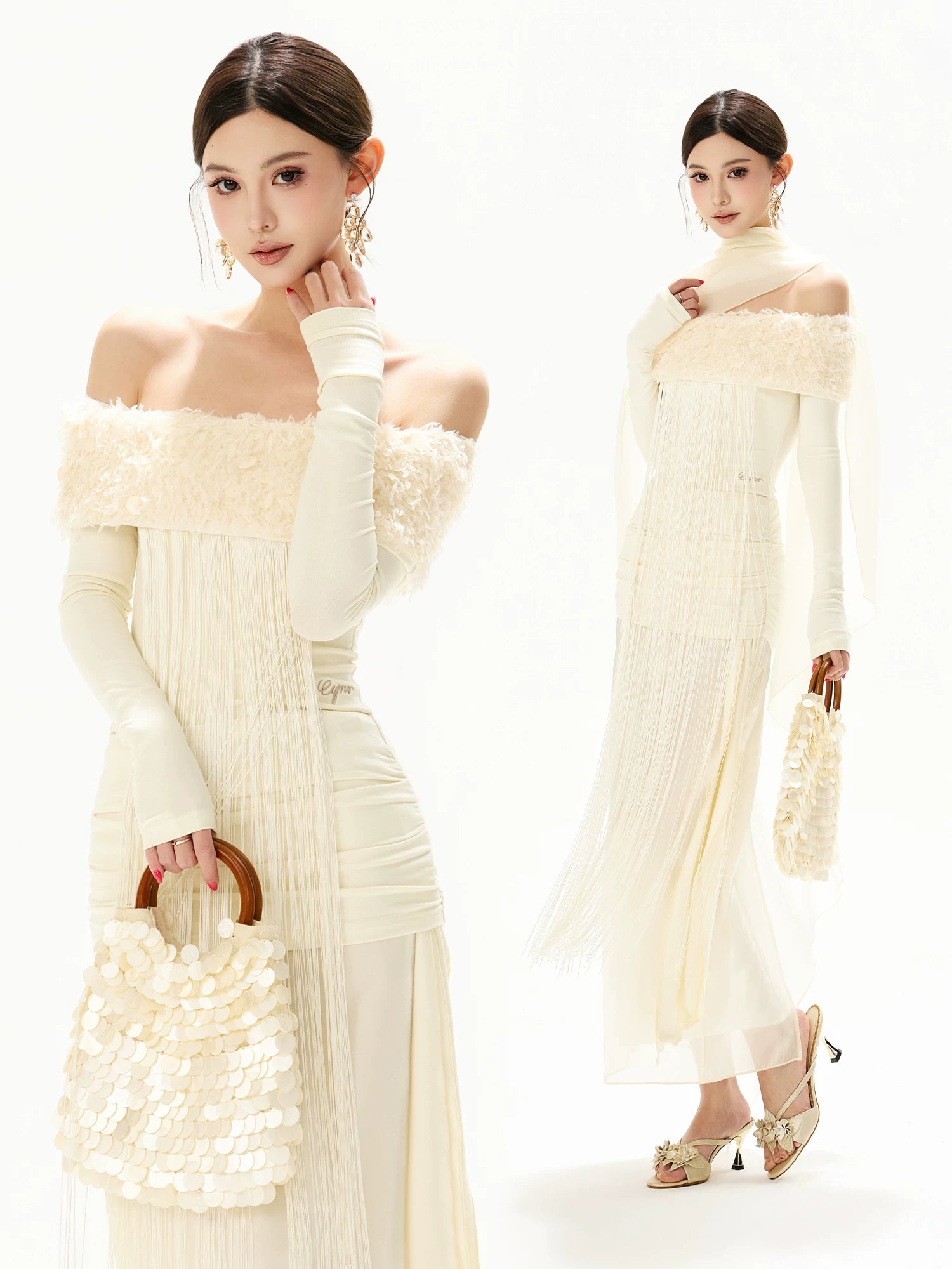 Feather Sequin Off-Shoulder Dress