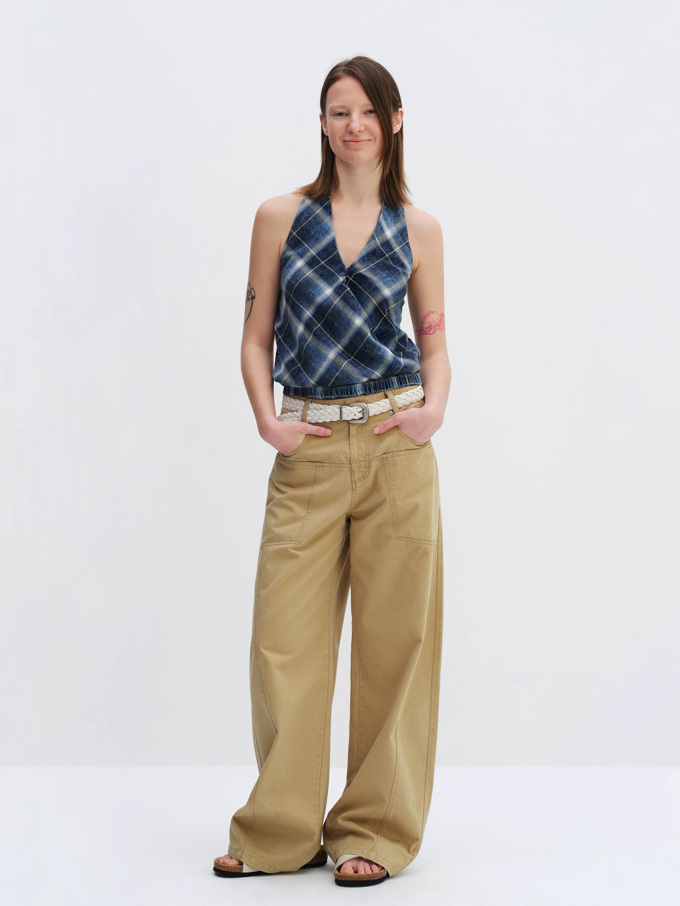 Khaki Low-Waist Curved-Leg Pants