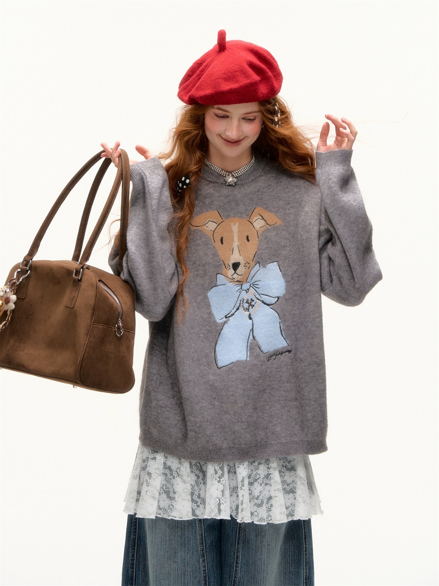 Bow-Knot Puppy Jacquard Pullover Sweater