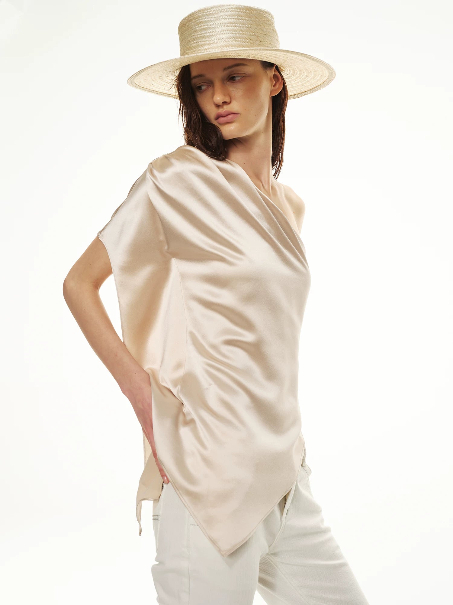 Champagne Acetate One-Shoulder Top