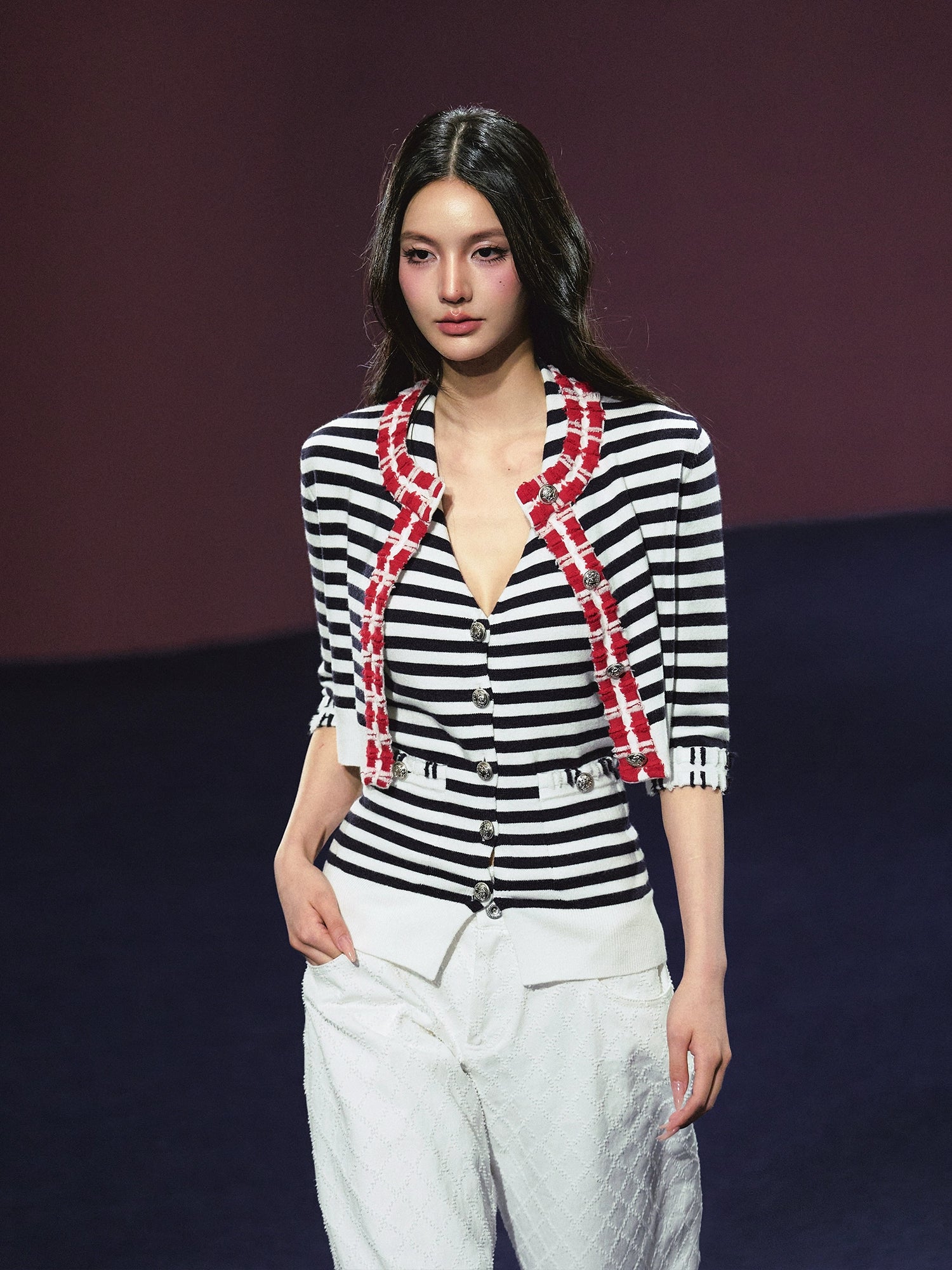 Contrast Stripe Halter Camisole Tank Top & Cardigan Set