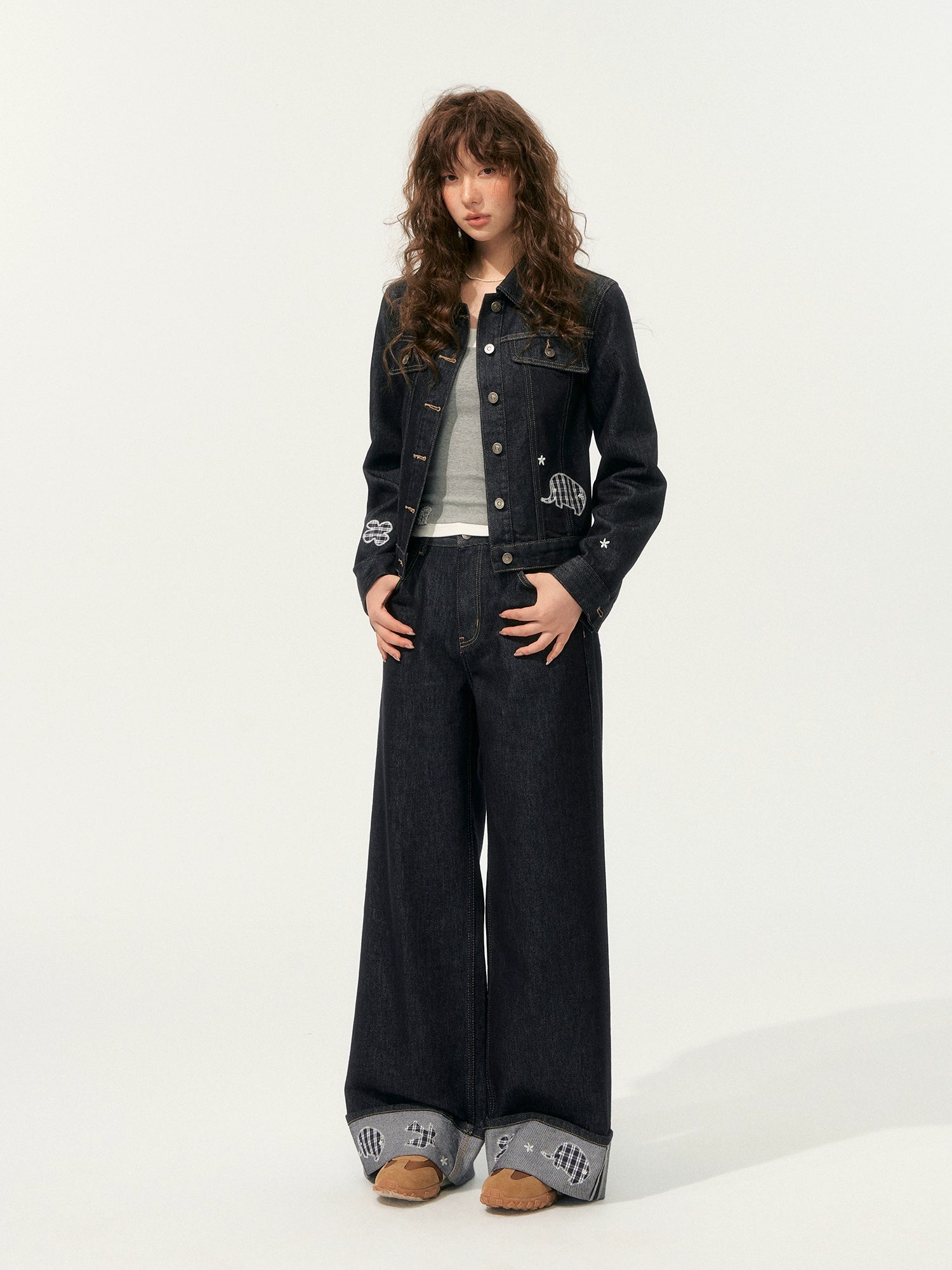 Denim Embroidered Cropped Jacket Set