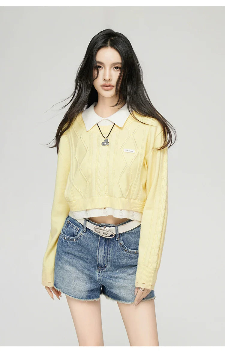 Yellow & Gray 2-in-1 Frayed-edge Sweater