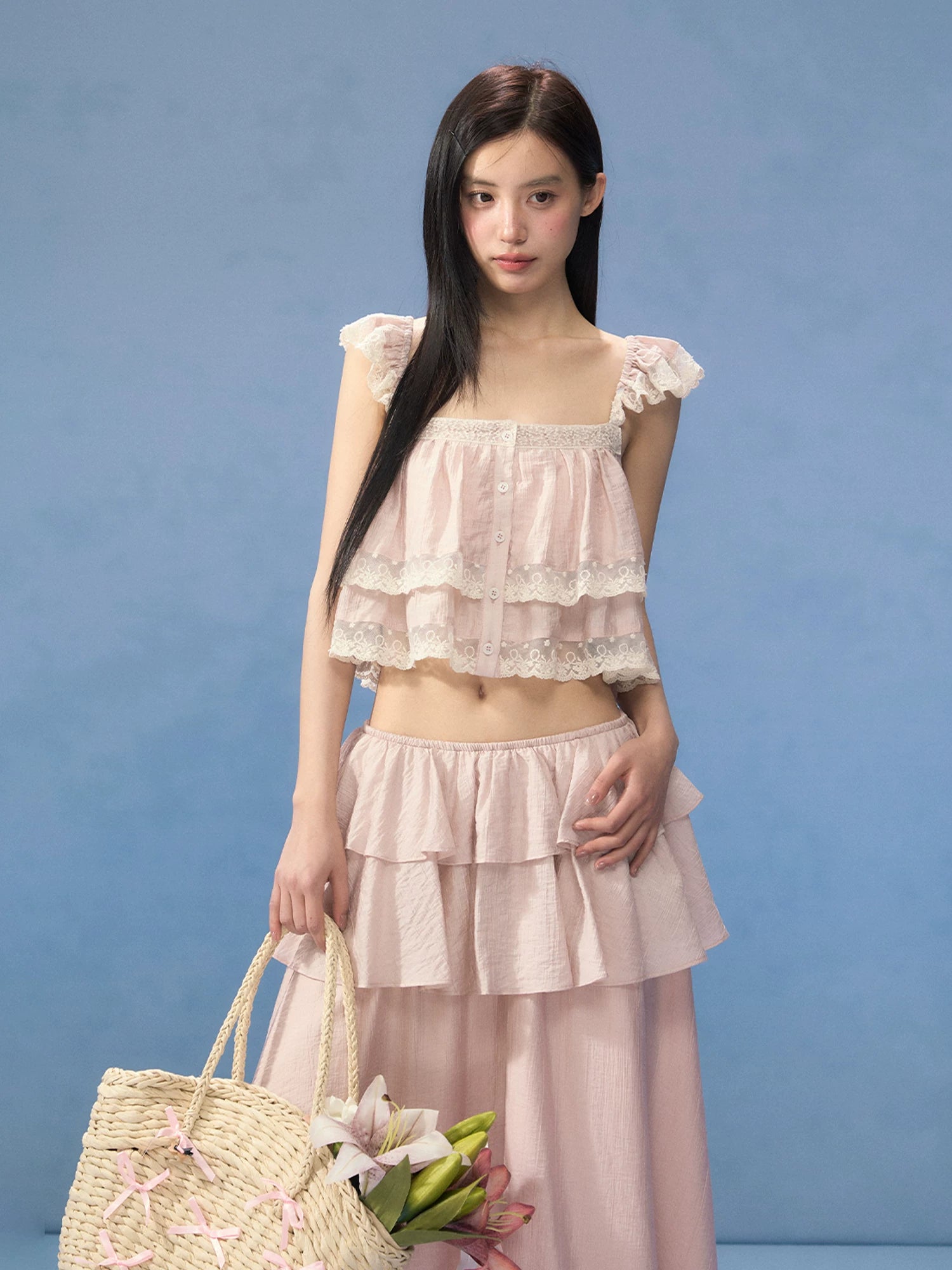 Pink Lace Square Neck Top & Skirt Set