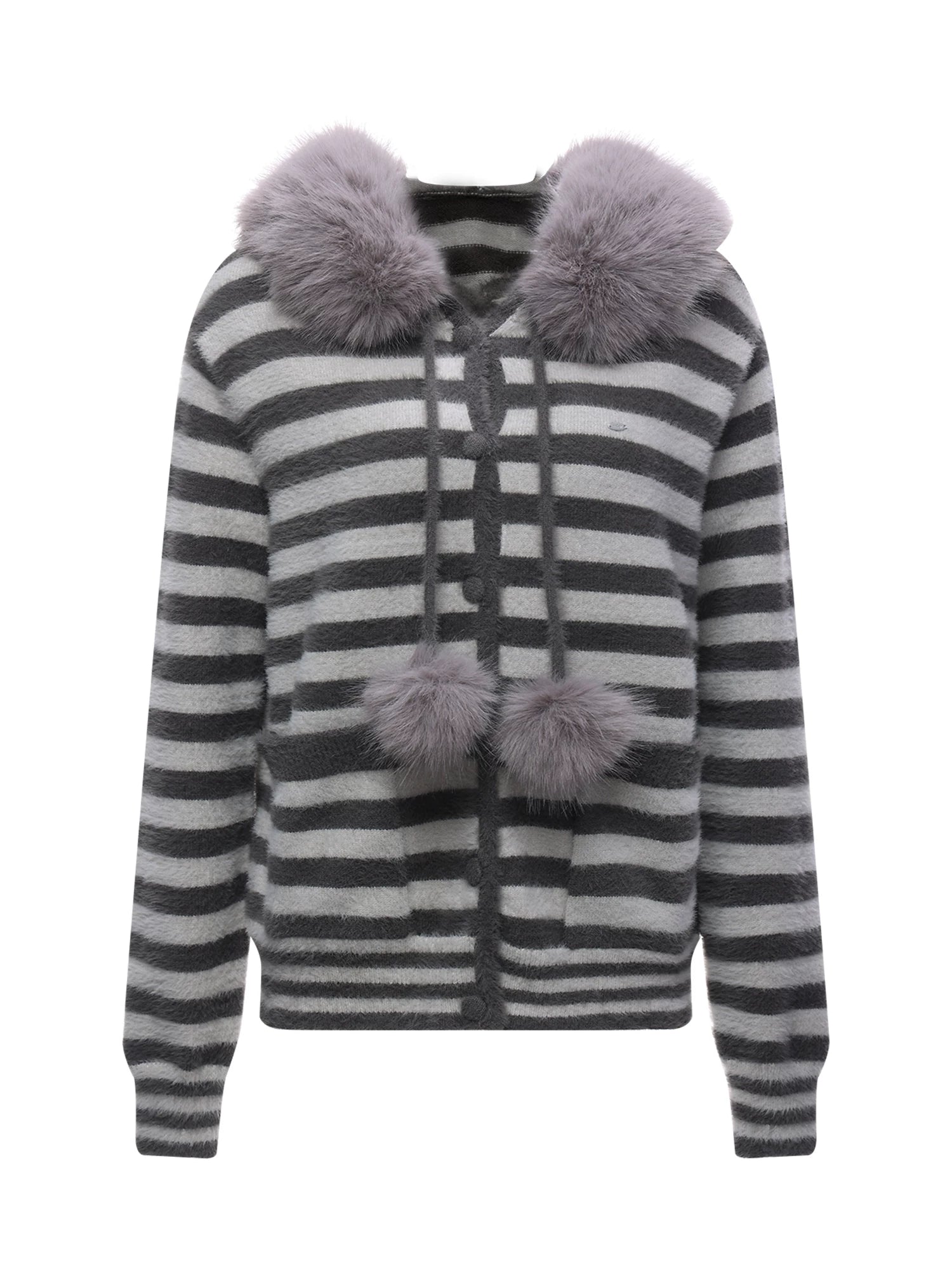Gray Fur Hood Stripe Cardigan
