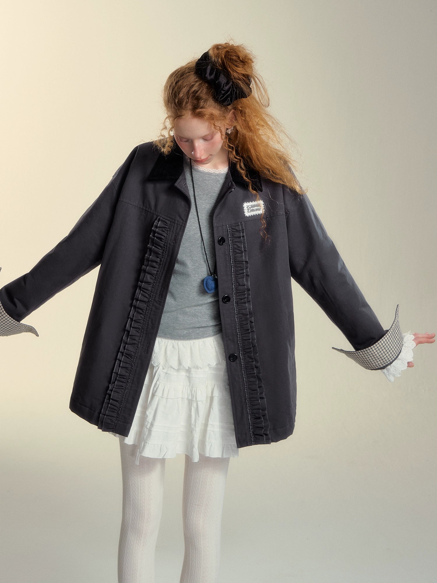 Colorblock Lapel Ruffle Puffer Coat