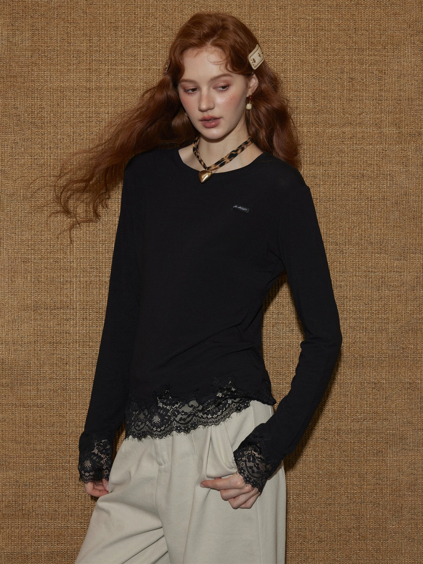 Lace Panel Long-Sleeve Top