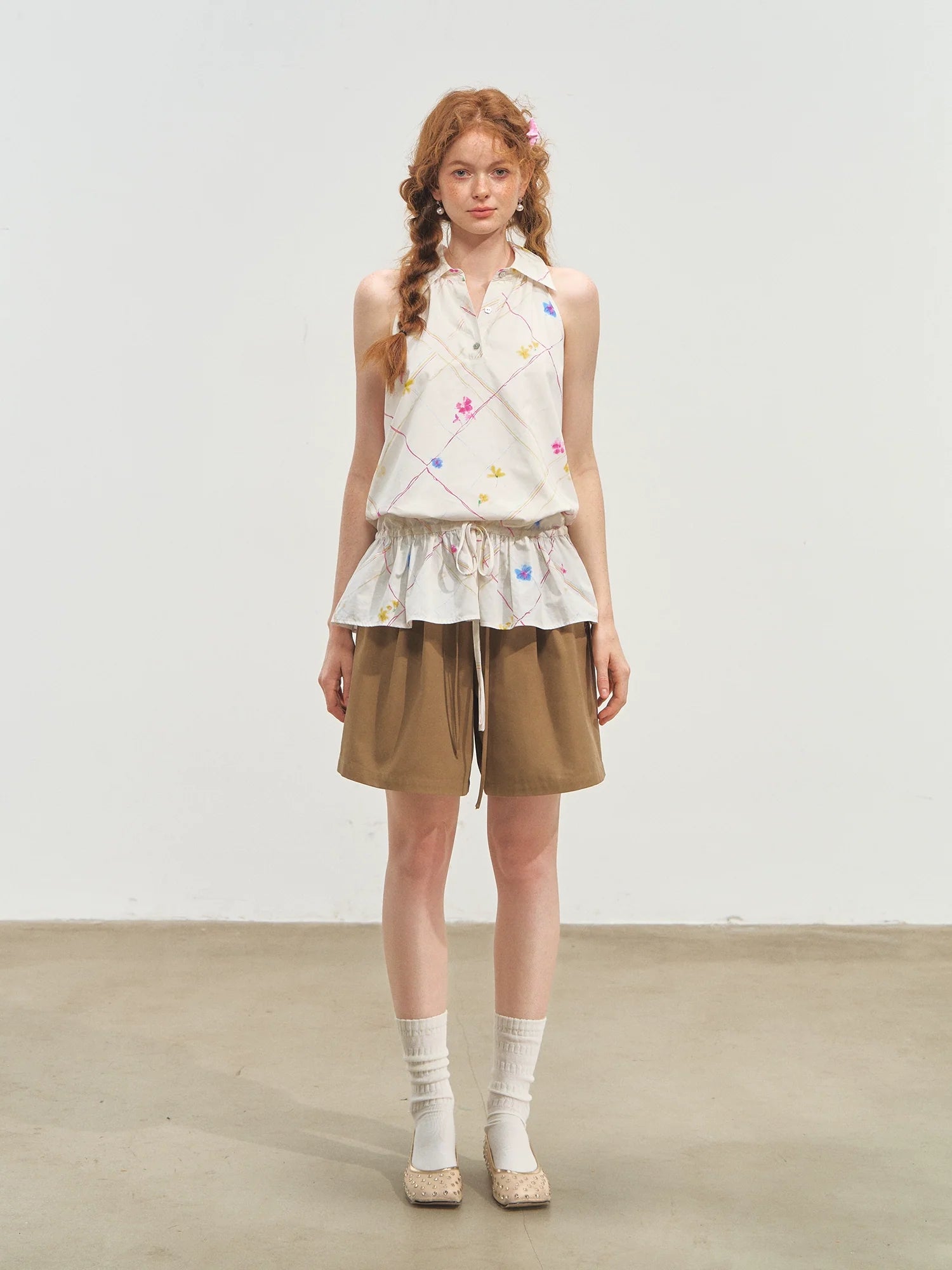 French-Style Printed Sleeveless Halter Tie-Up Top