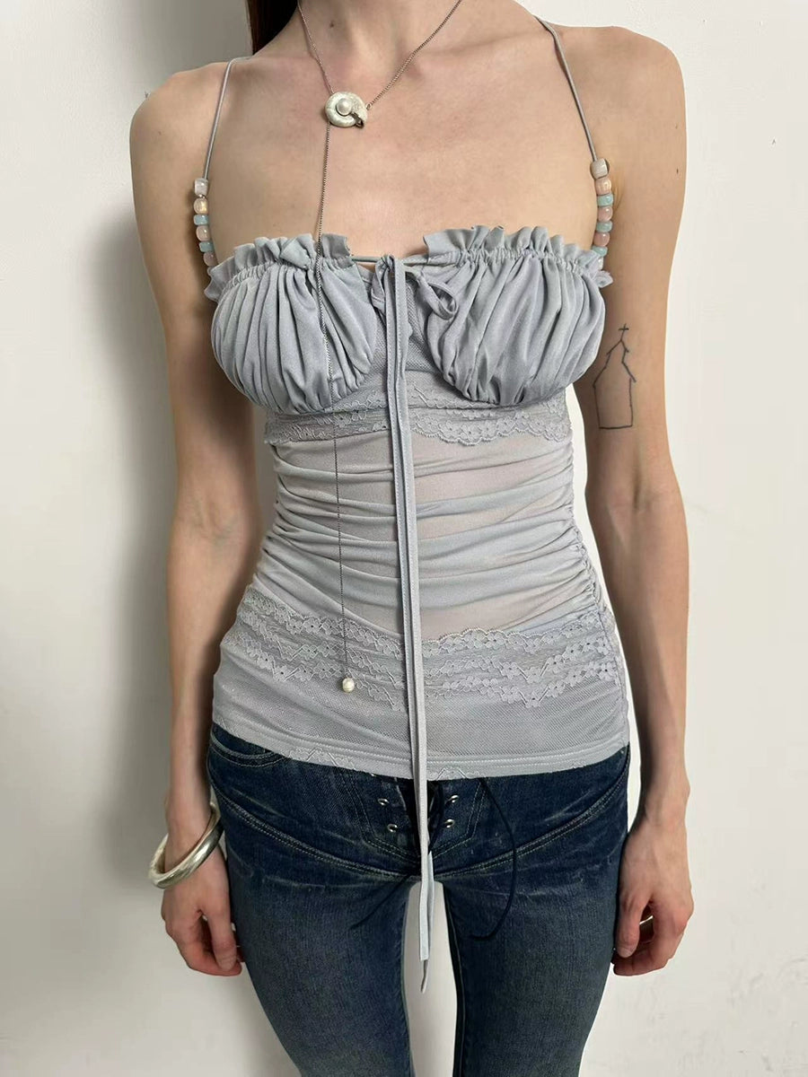 Beaded Strap Lace Splicing Acetate Cami Top