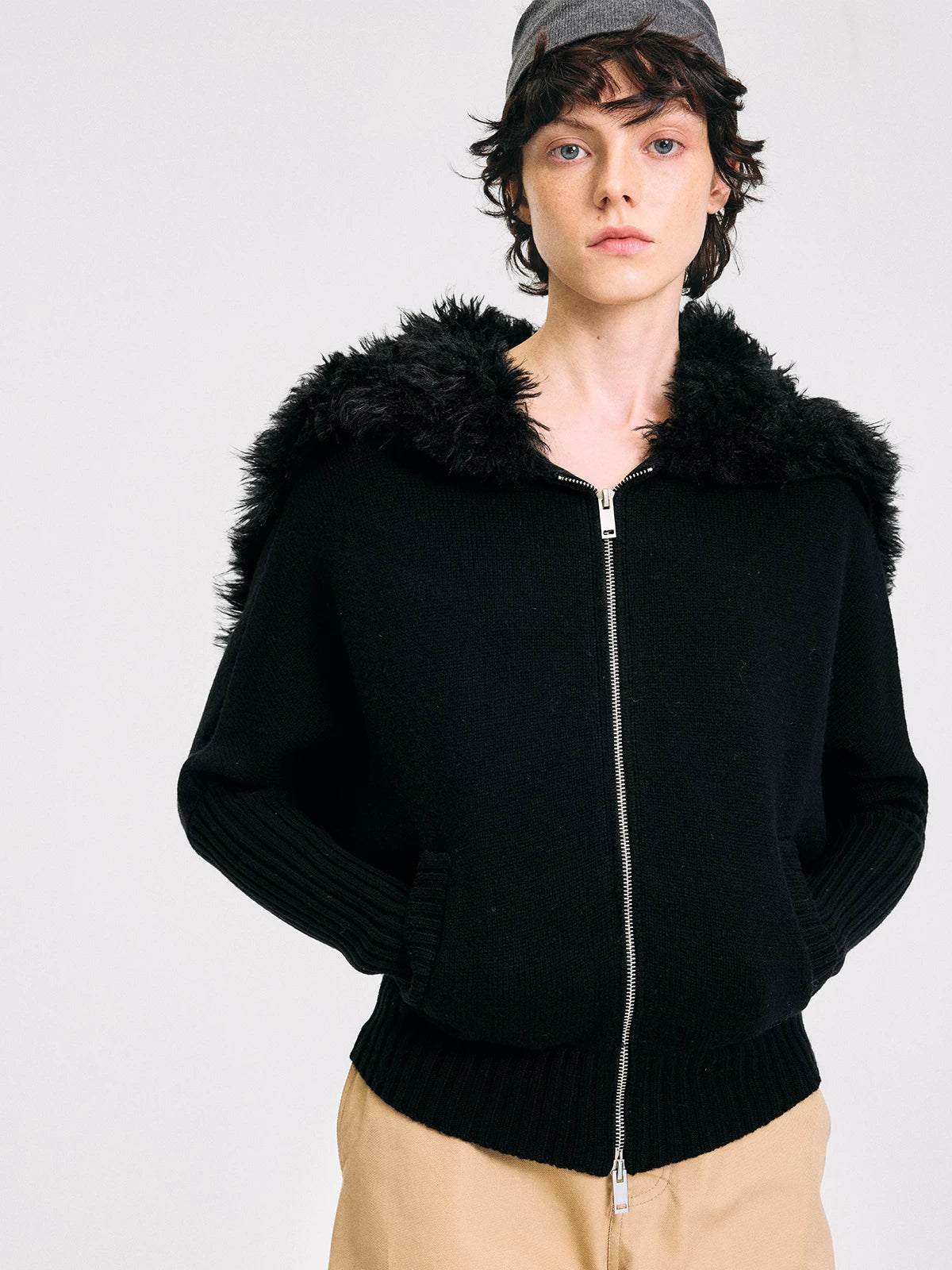Hooded Fur Collar Knit Cardigan