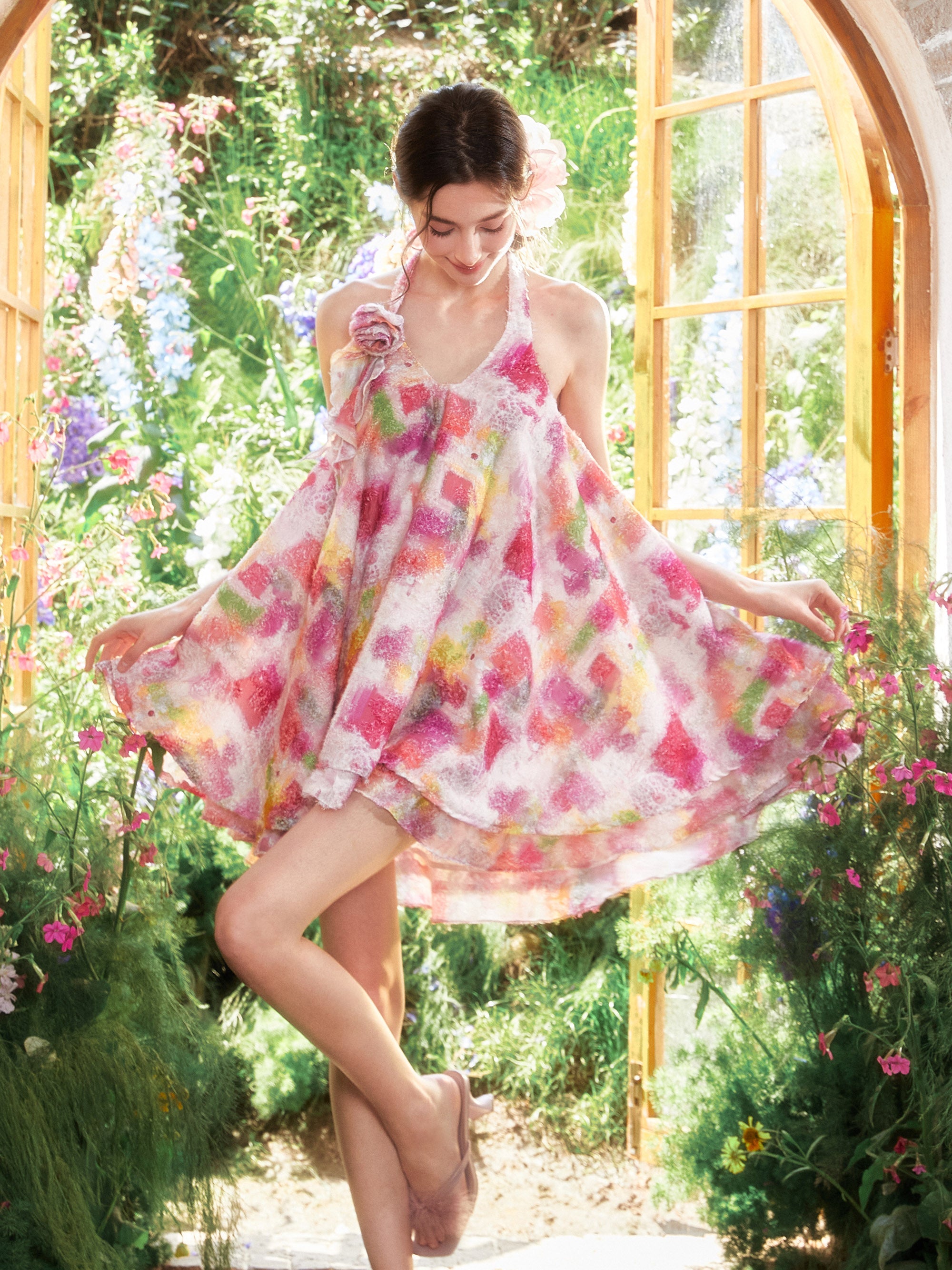 Floral Halter Off-Shoulder A-line Dress
