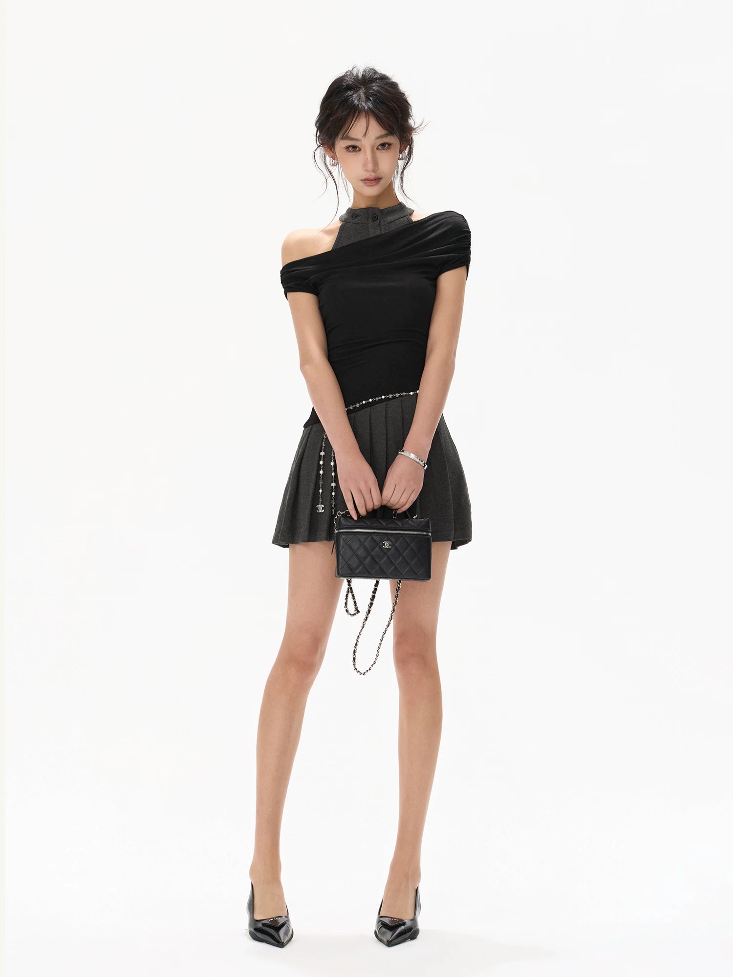Black Halter Pleated Dress