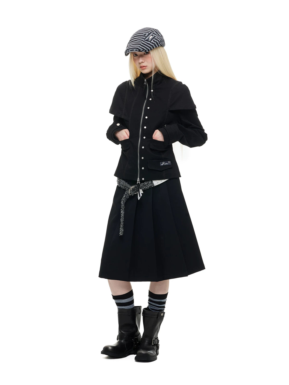 Double Zip Stand Collar Cropped Jacket