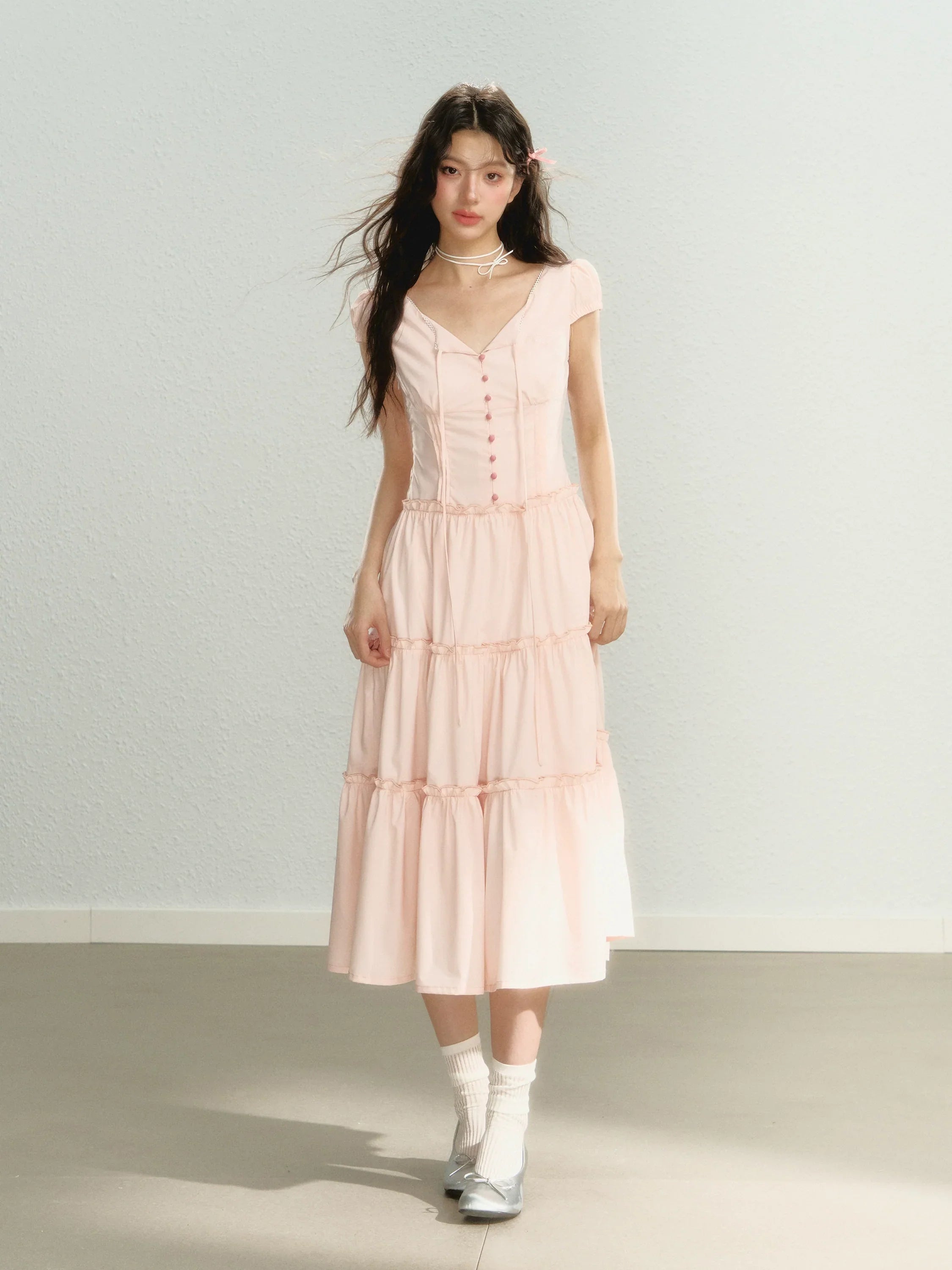Pink Waist Belted Midi Dress