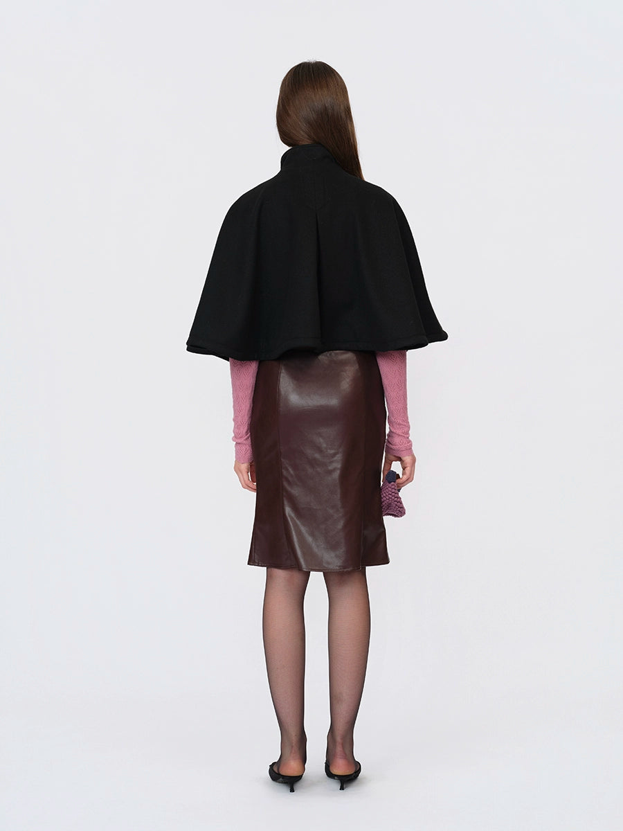 Black Wool Short Double-breasted Cape