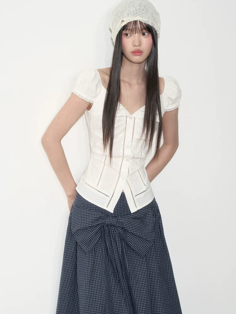 Lapel Waist-Cinching Lace Elastic Shirt