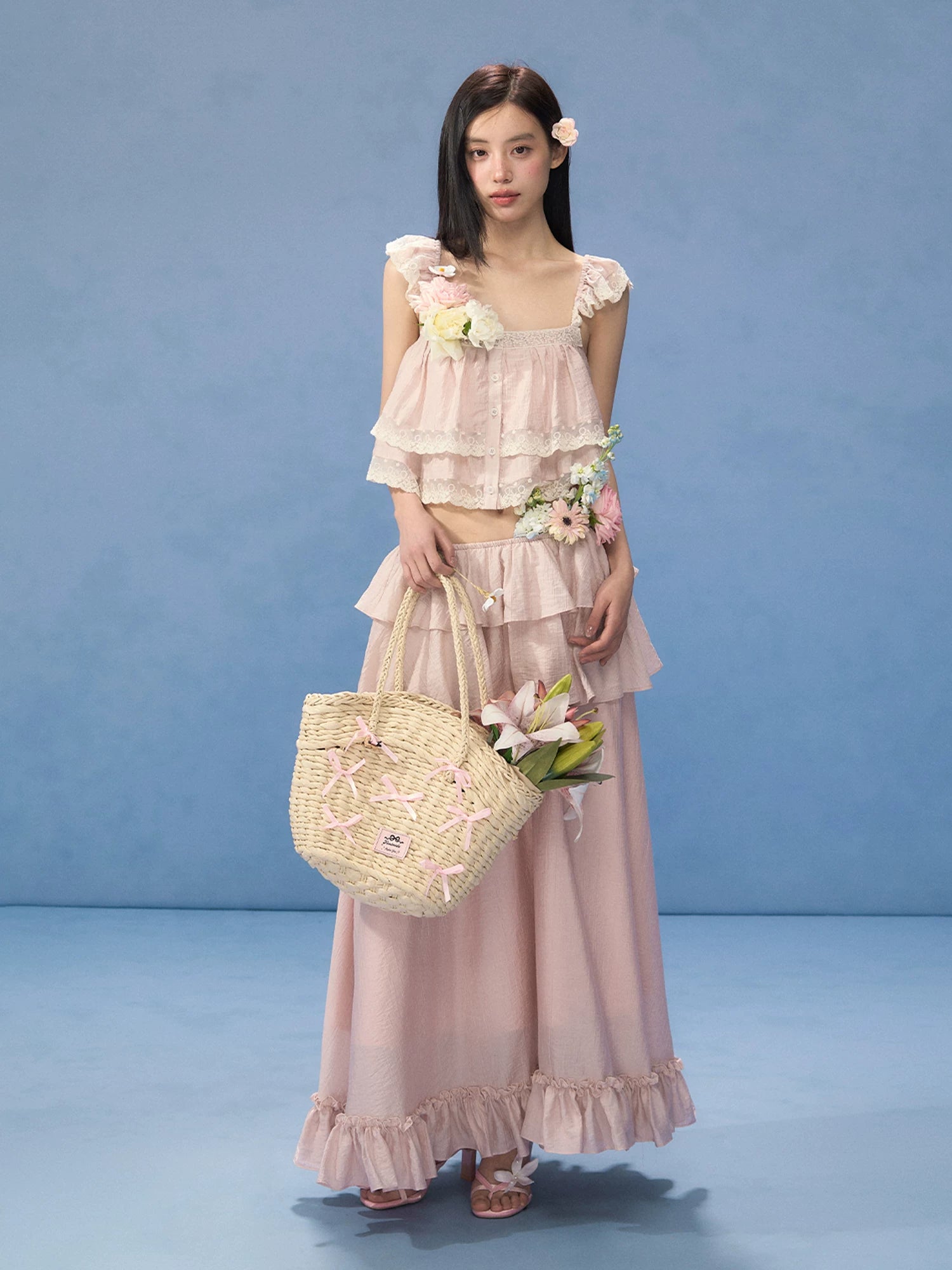 Pink Lace Square Neck Top & Skirt Set