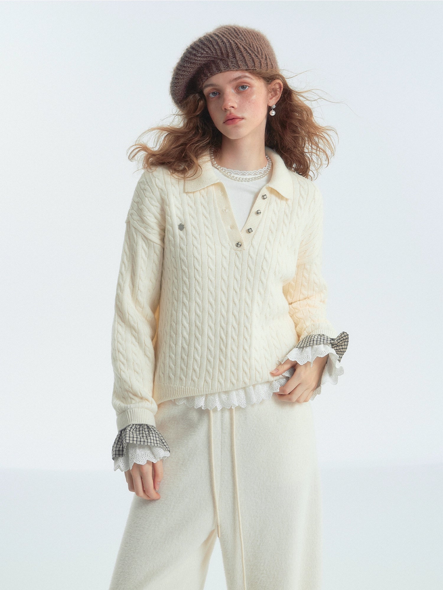 Cable‑Knit Polo Collar Plaid Splice Sweater