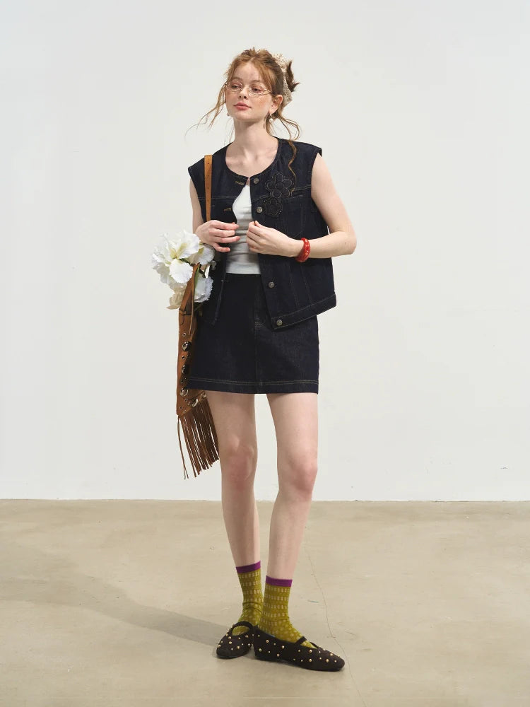 Layered Relaxed Denim Vest & Skirt Set