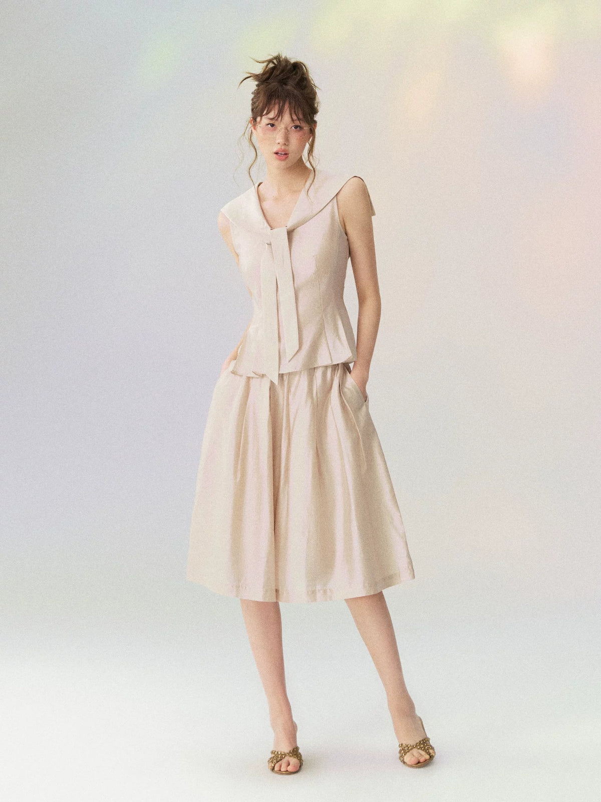 Sailor Collar Sleeveless Top & Pleated Skort Set