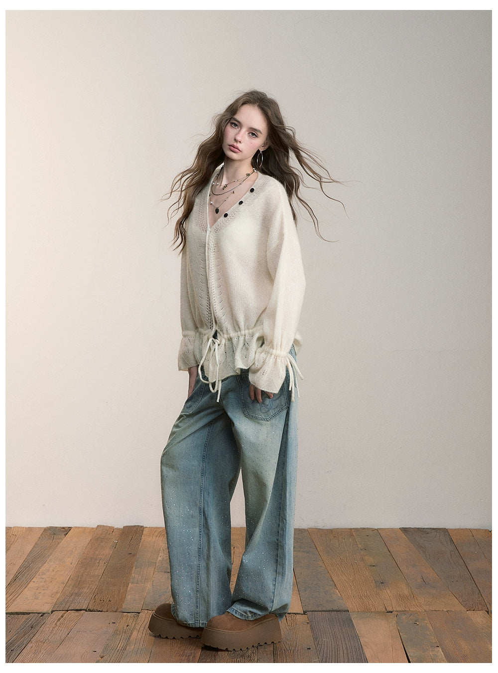 Brown & Off-white Drawstring Knit Cardigan
