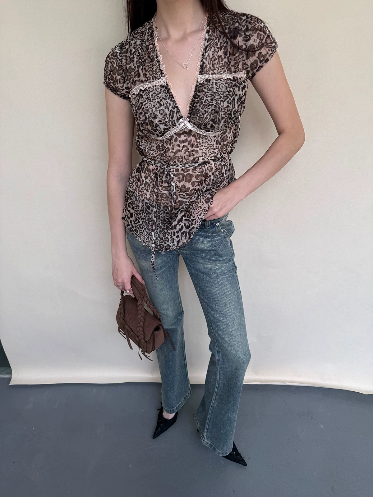 Leopard Lace Trim Pullover Top