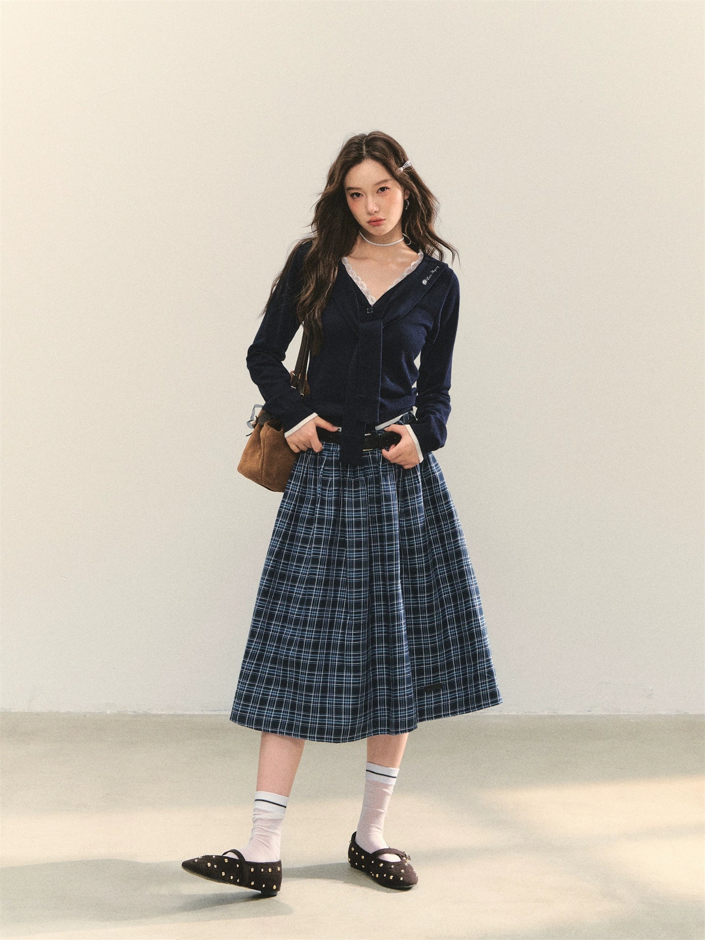 Lace-Trim Tie Knit Blouse
