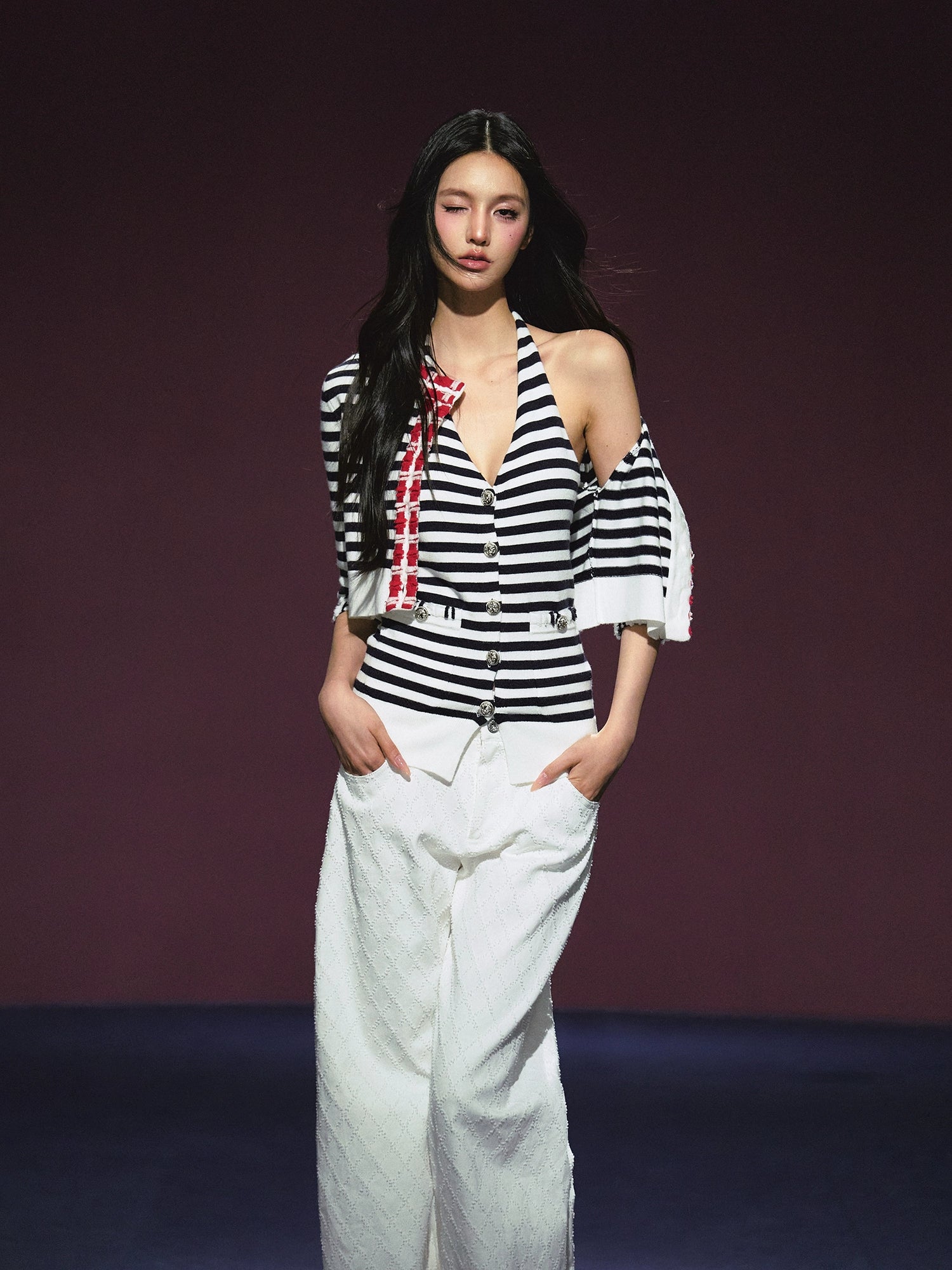 Contrast Stripe Halter Camisole Tank Top & Cardigan Set