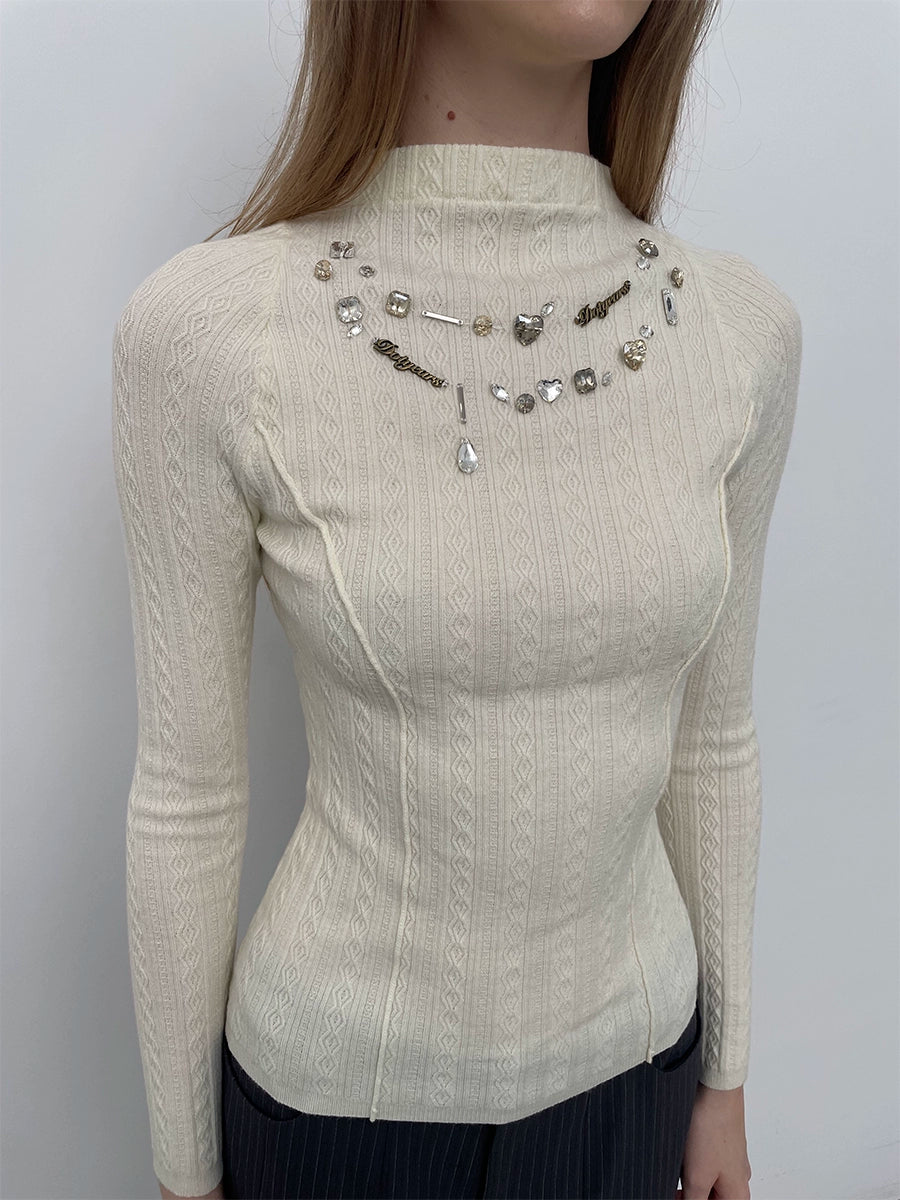 Ivory White Slim-Fit Hand-Stitched Brick Sweater