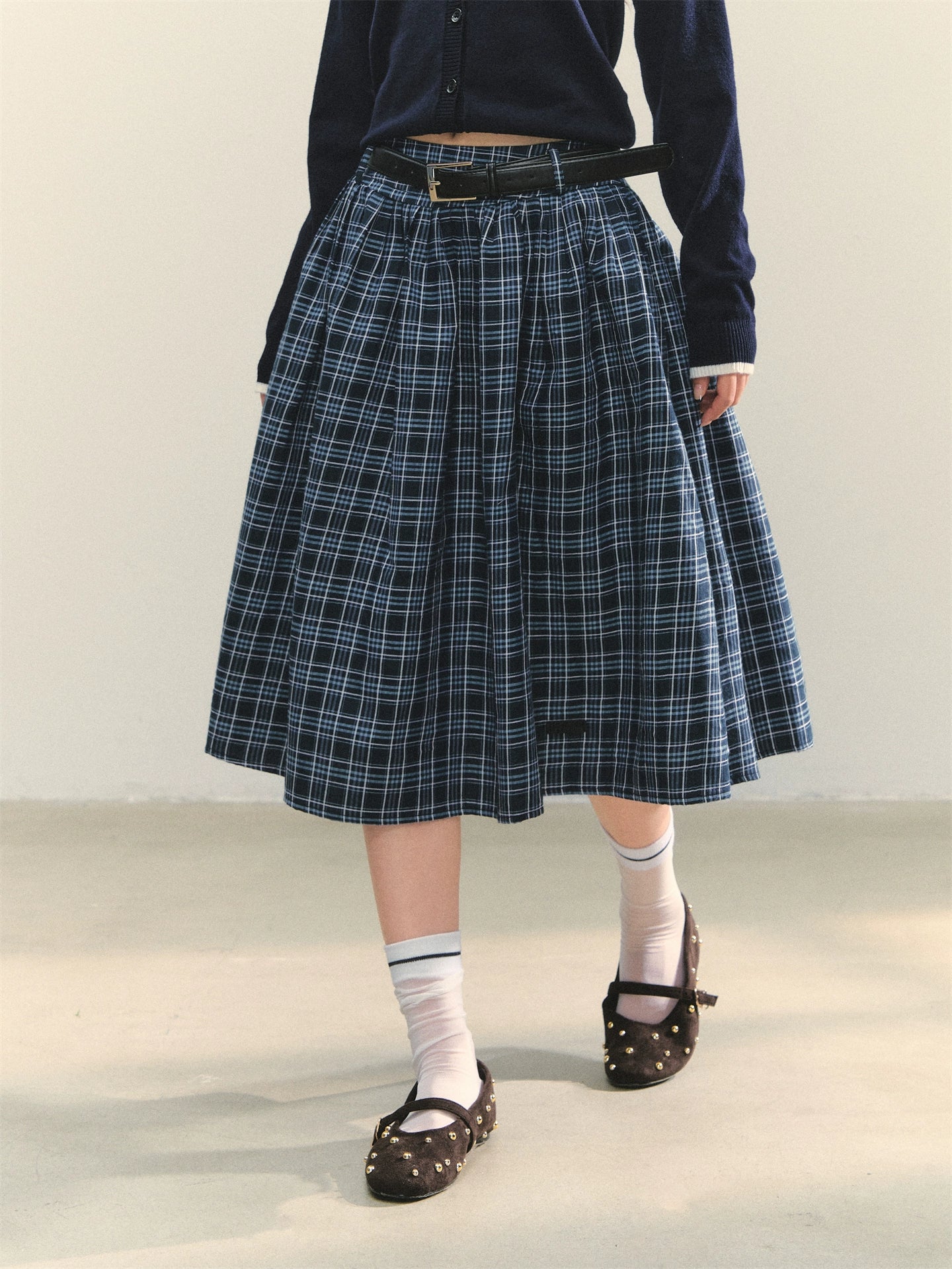 Blue Belted Plaid Skirt