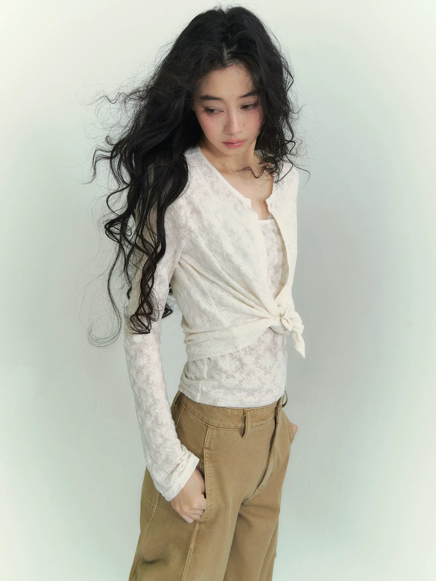 Lace Trim Stripe Cardigan Set