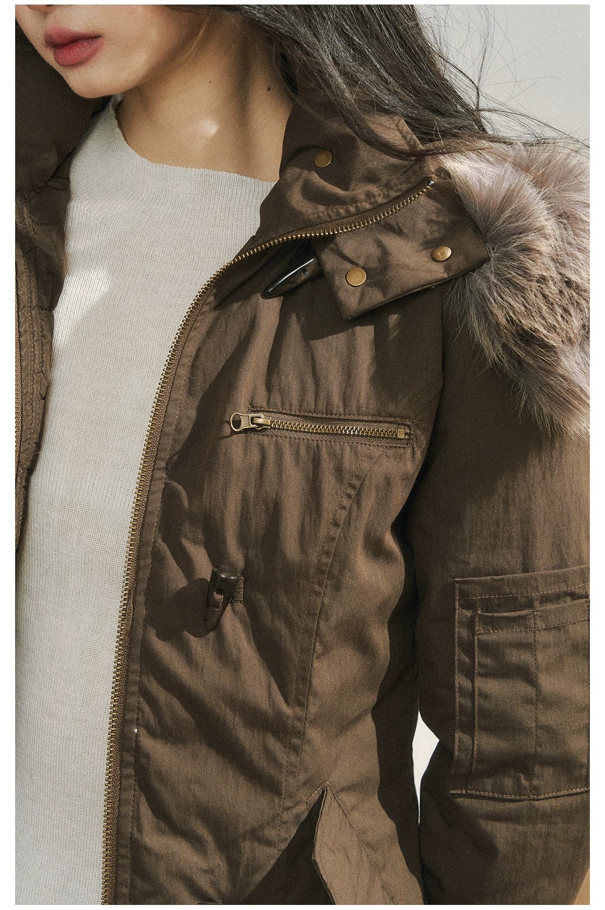 Brown Faux Fur Hooded Toggle Coat